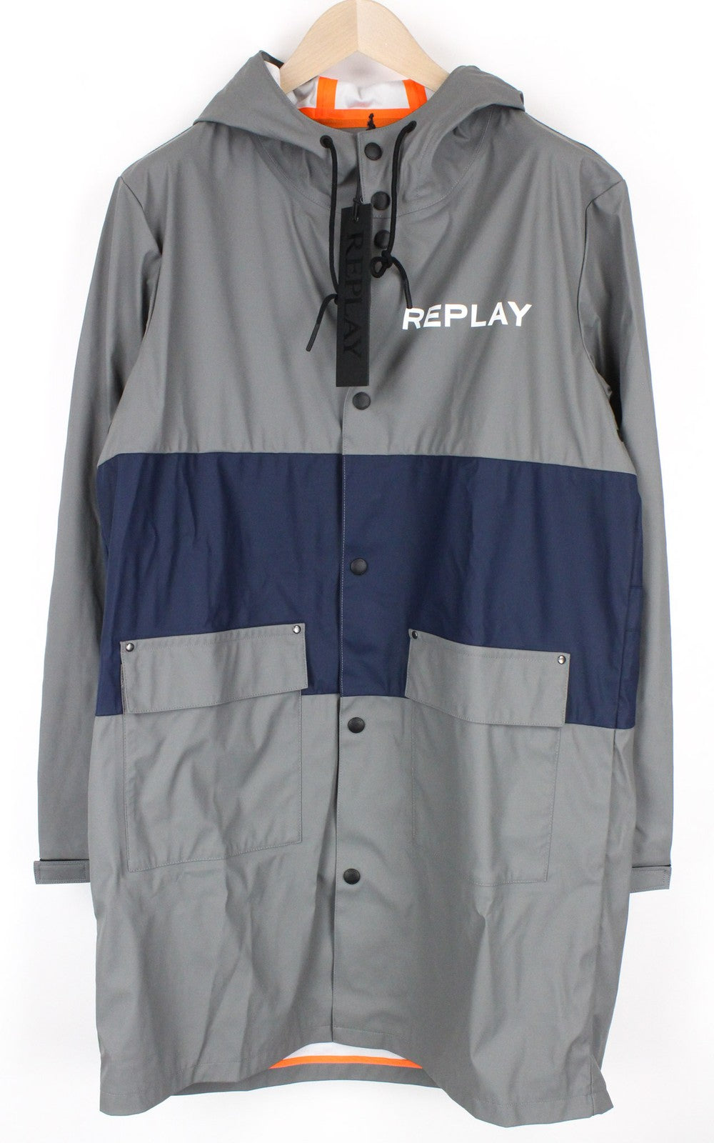 REPLAY Men's Jacket L Grey Hooded Mid-Length Taped Rubber Coated Unlined