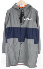REPLAY Men's Jacket L Grey Hooded Mid-Length Taped Rubber Coated Unlined