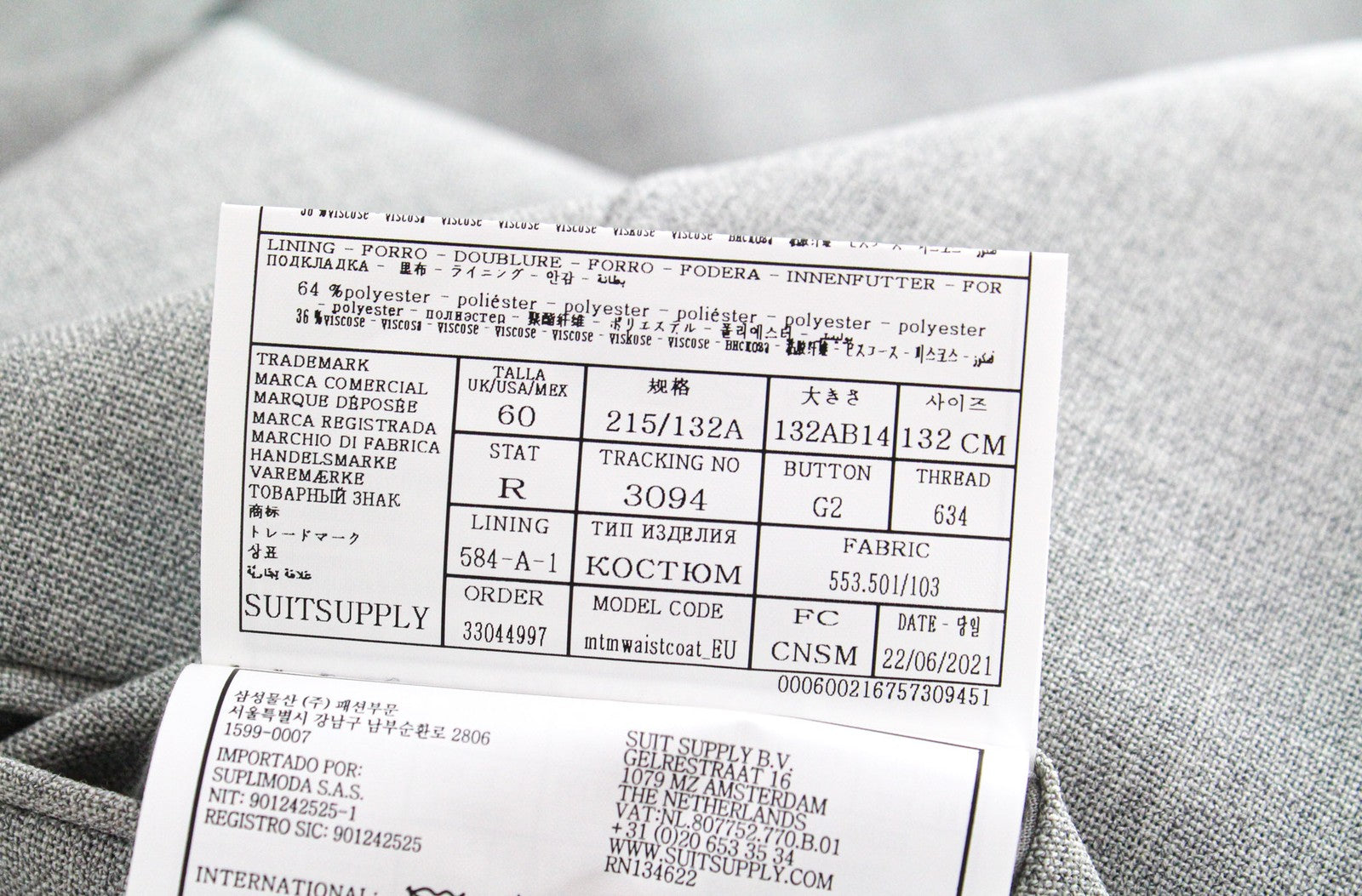 SUITSUPPLY Ferrara Men's Waistcoat UK60R Grey Wool Slim Fit Peak Lapel Vest