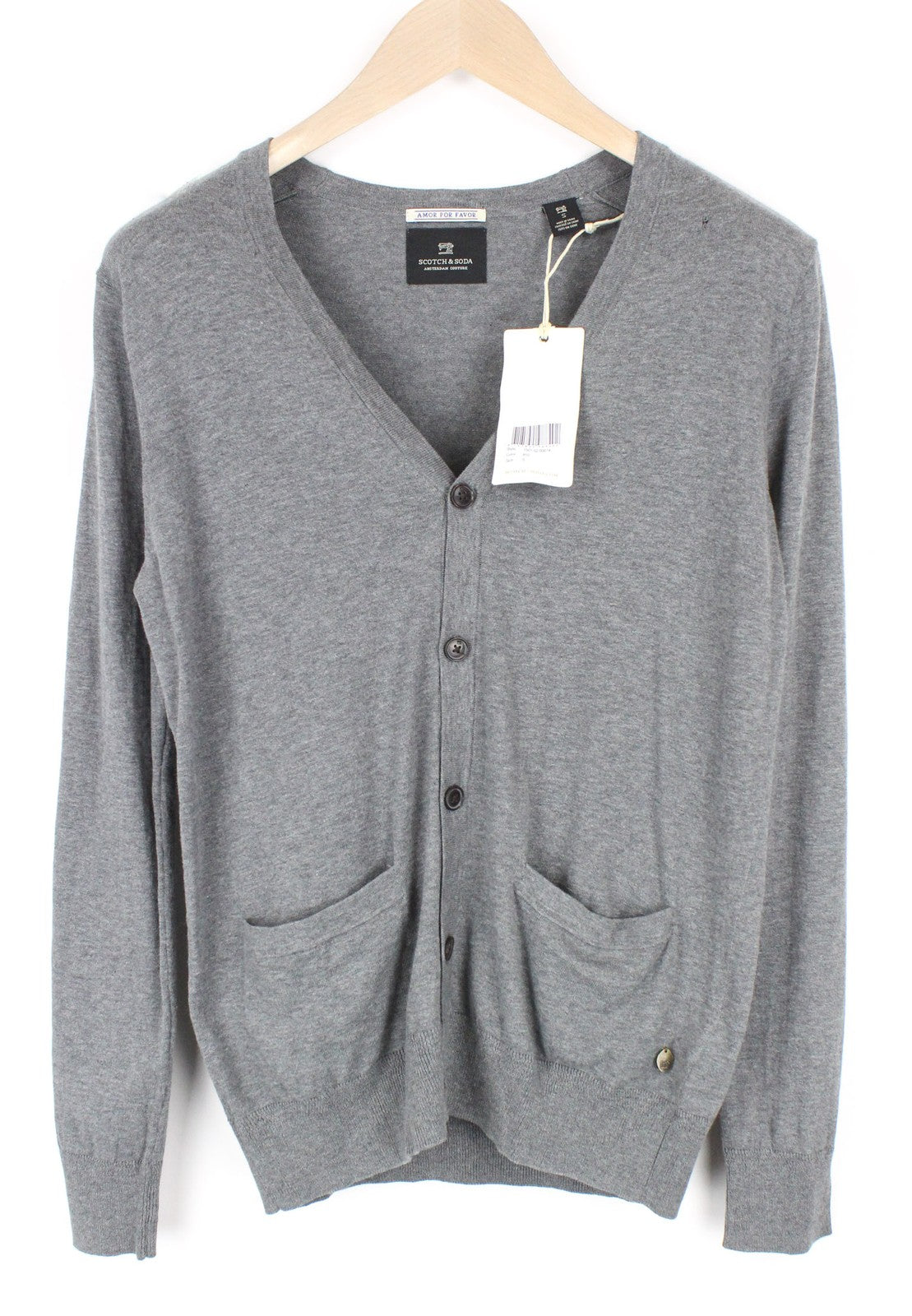 SCOTCH & SODA Men's Cardigan S Grey Melange Cotton Slim V-Neck Knit Button-Up