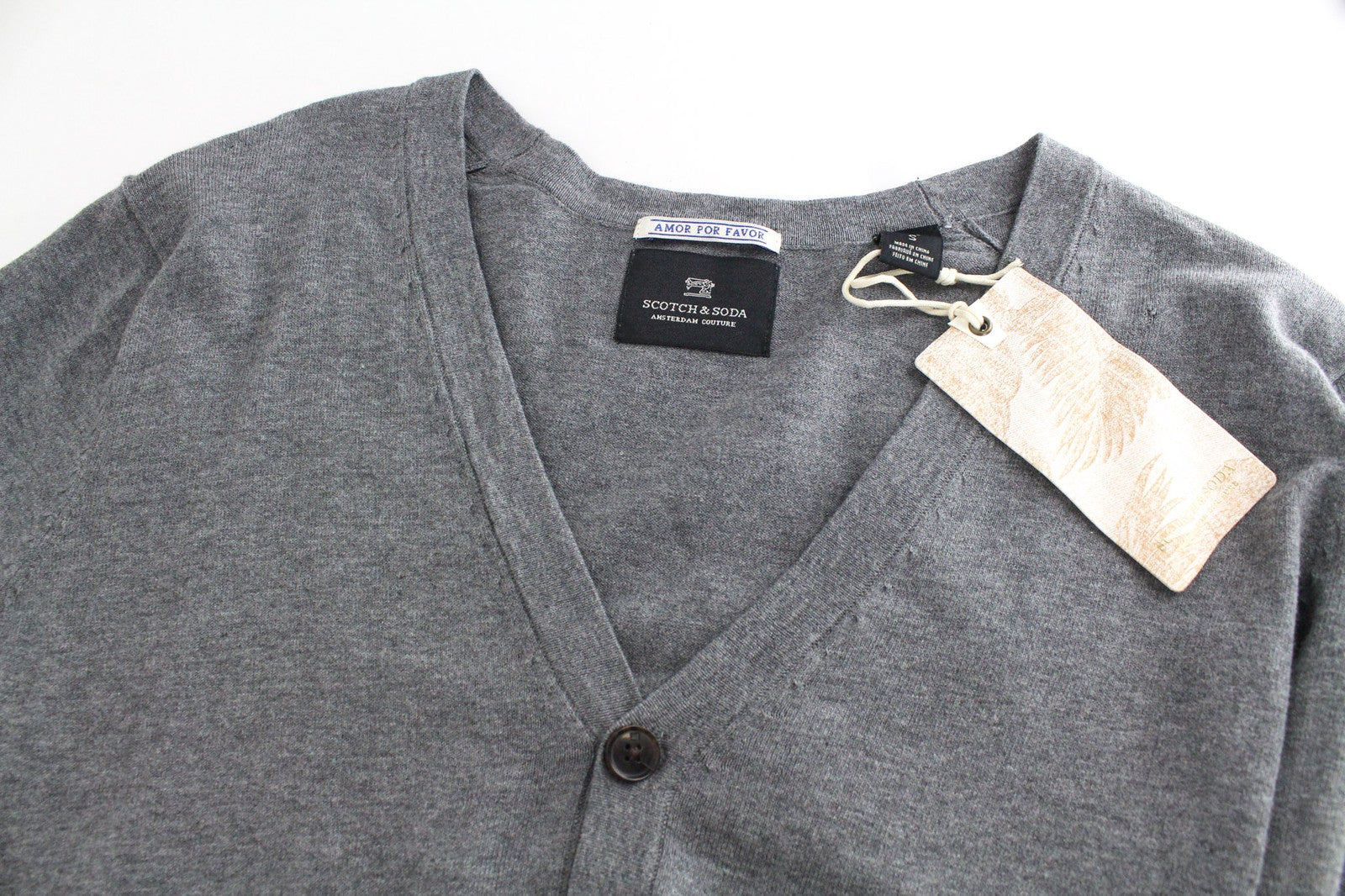 SCOTCH & SODA Men's Cardigan S Grey Melange Cotton Slim V-Neck Knit Button-Up