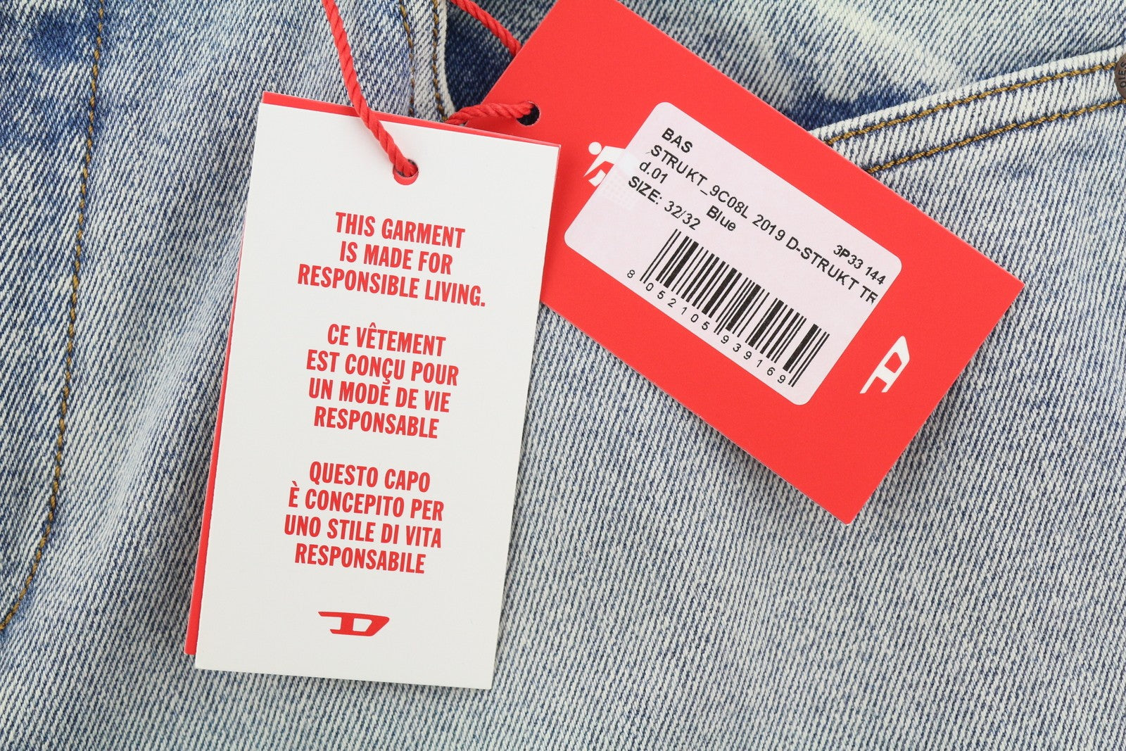 DIESEL 2019 D-Strukt 9C08L Men Jeans W32/L32 Blue Faded Washed Slim Fit RRP$350