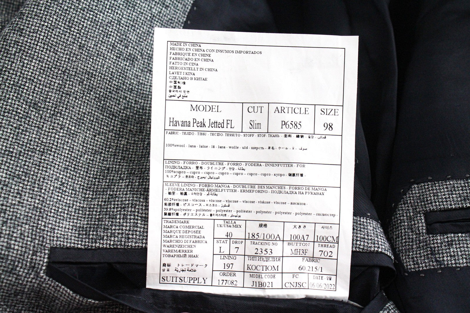 SUITSUPPLY Havana Men's Suit UK40L Grey Houndstooth 2Pc Slim S120 Wool Peak