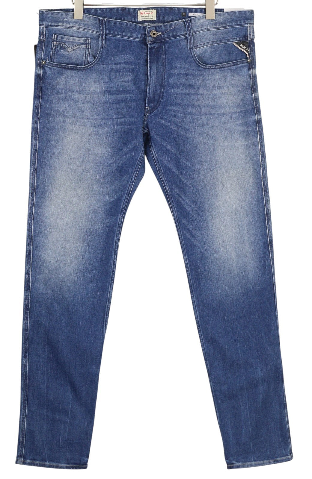 REPLAY Anbass Men Jeans W38/L36 Blue Washed Faded Slim Fit Zip Fly Logo Denim