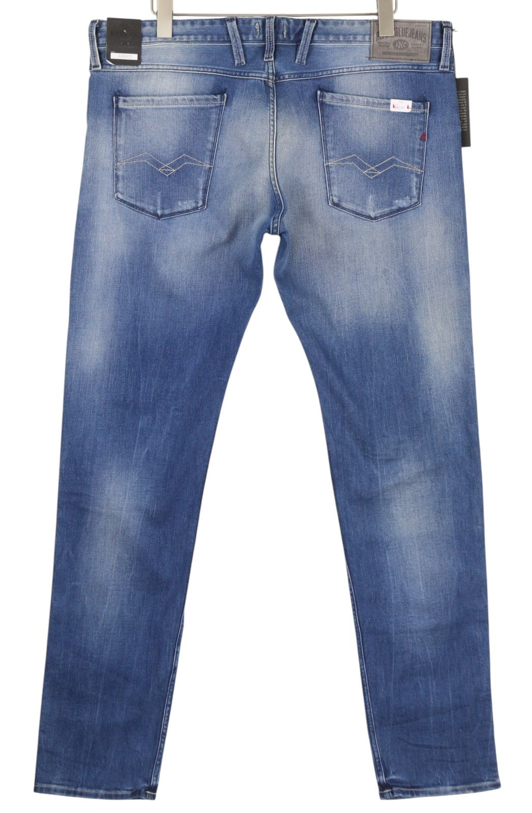 REPLAY Anbass Men Jeans W38/L36 Blue Washed Faded Slim Fit Zip Fly Logo Denim