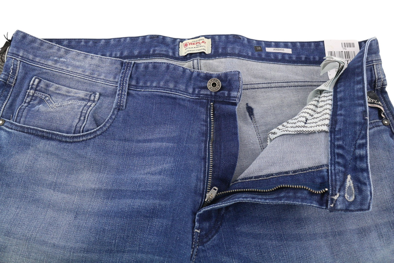 REPLAY Anbass Men Jeans W38/L36 Blue Washed Faded Slim Fit Zip Fly Logo Denim