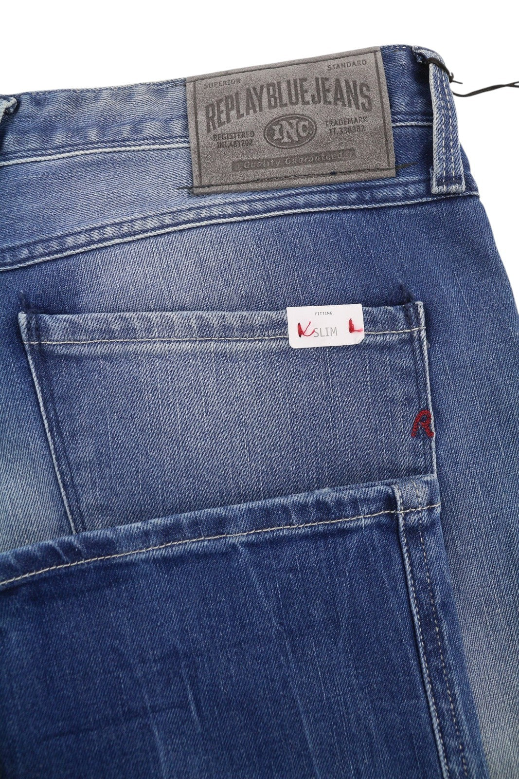 REPLAY Anbass Men Jeans W38/L36 Blue Washed Faded Slim Fit Zip Fly Logo Denim