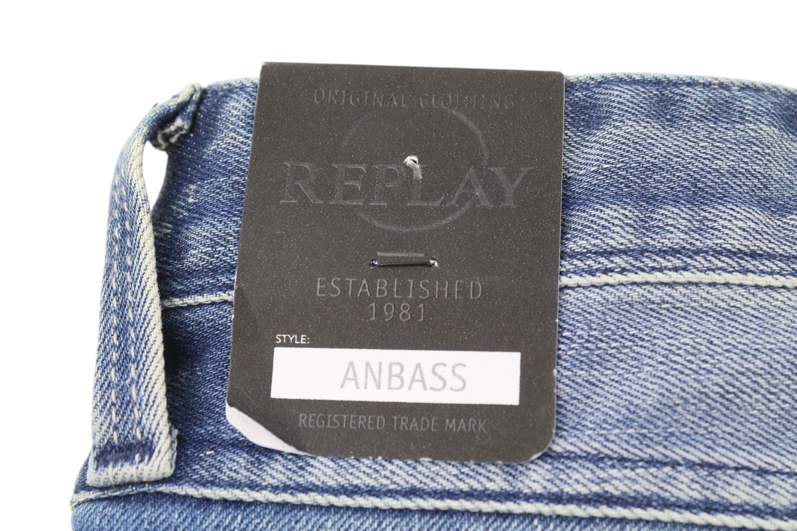 REPLAY Anbass Men Jeans W38/L36 Blue Washed Faded Slim Fit Zip Fly Logo Denim