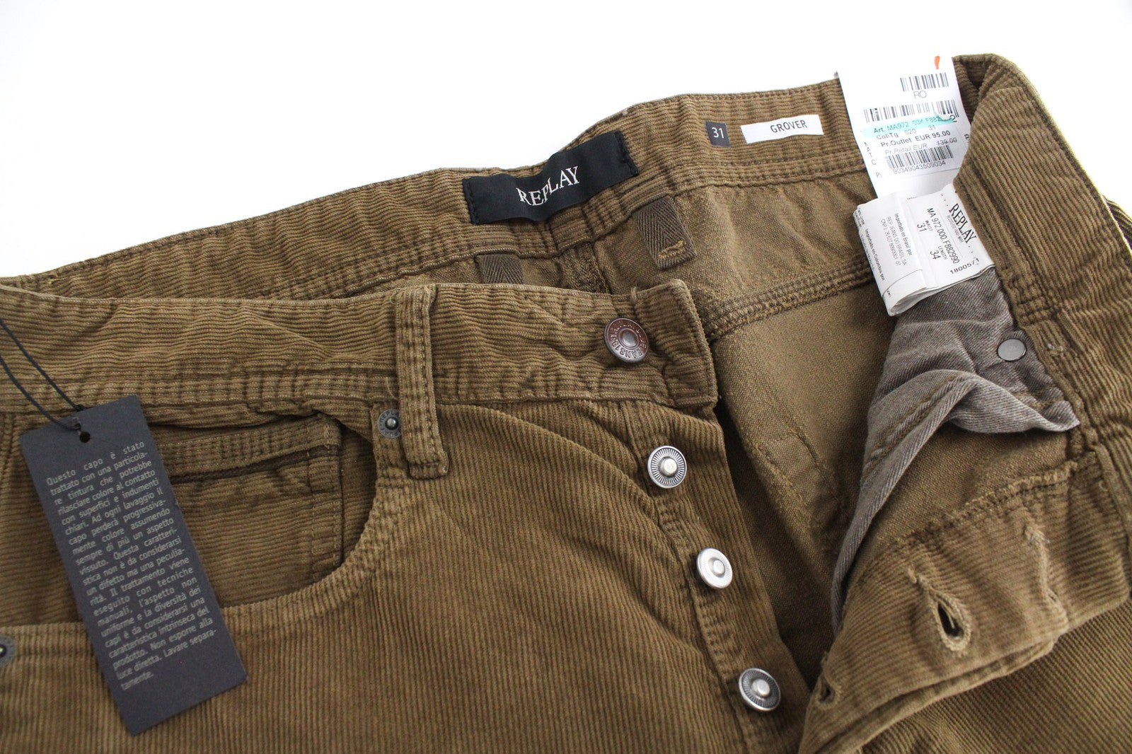 REPLAY Grover Men's Corduroy Trousers W31/L34 Brown Straight Fit Stretch Pants