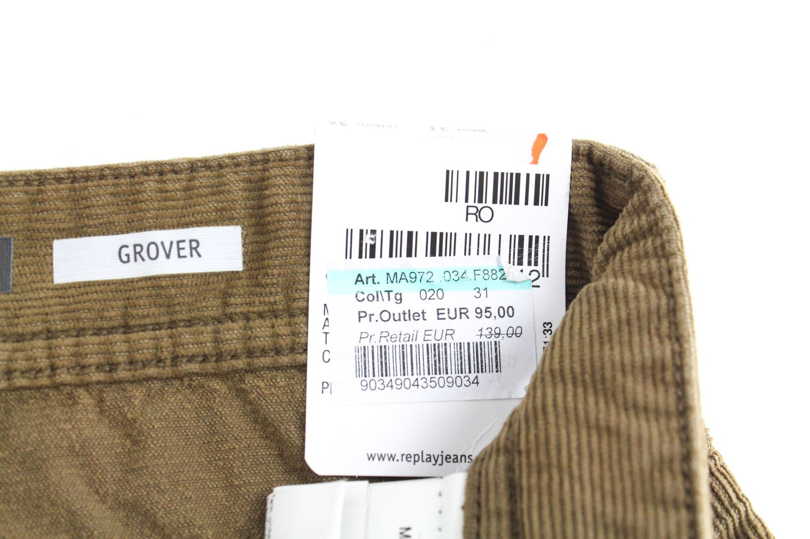 REPLAY Grover Men's Corduroy Trousers W31/L34 Brown Straight Fit Stretch Pants