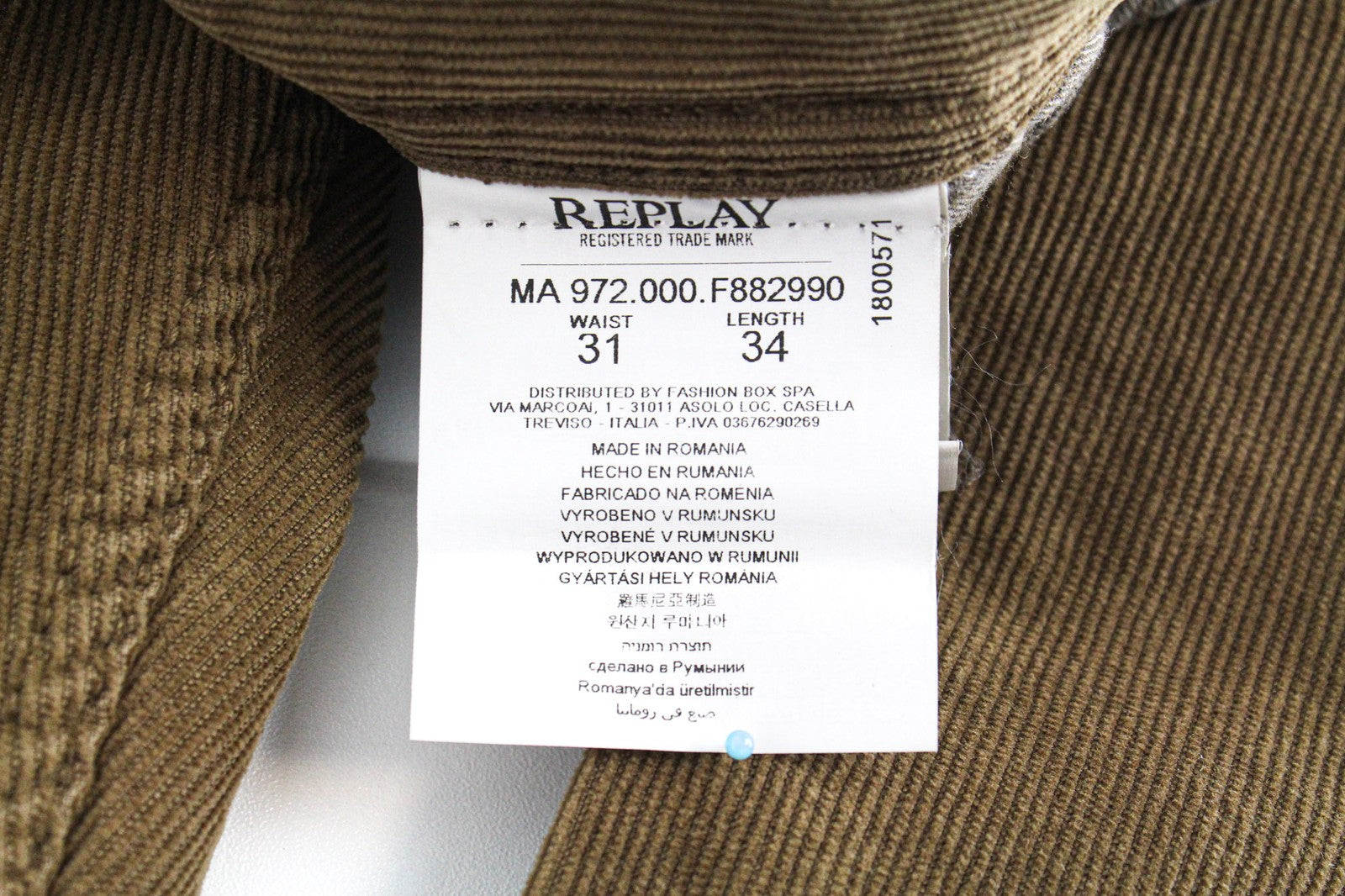 REPLAY Grover Men's Corduroy Trousers W31/L34 Brown Straight Fit Stretch Pants