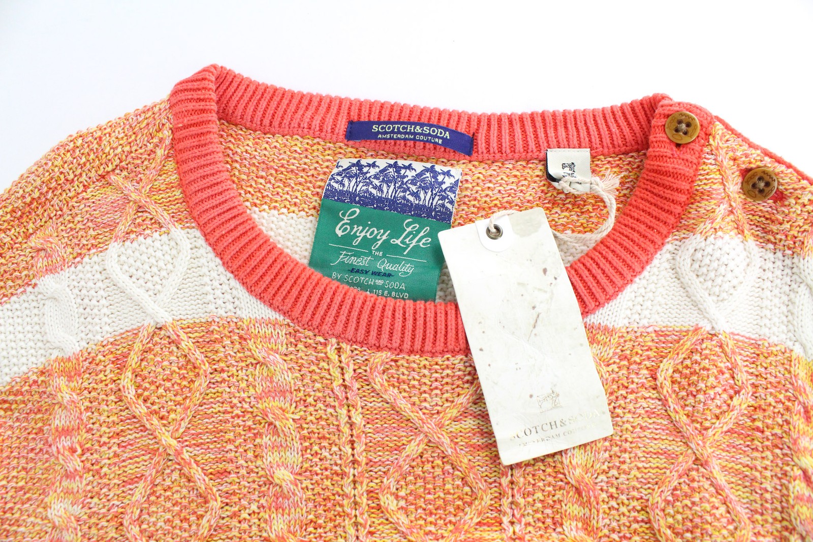 SCOTCH & SODA Men's Jumper L Orange Striped Cable Knit Cotton Crewneck Sweater