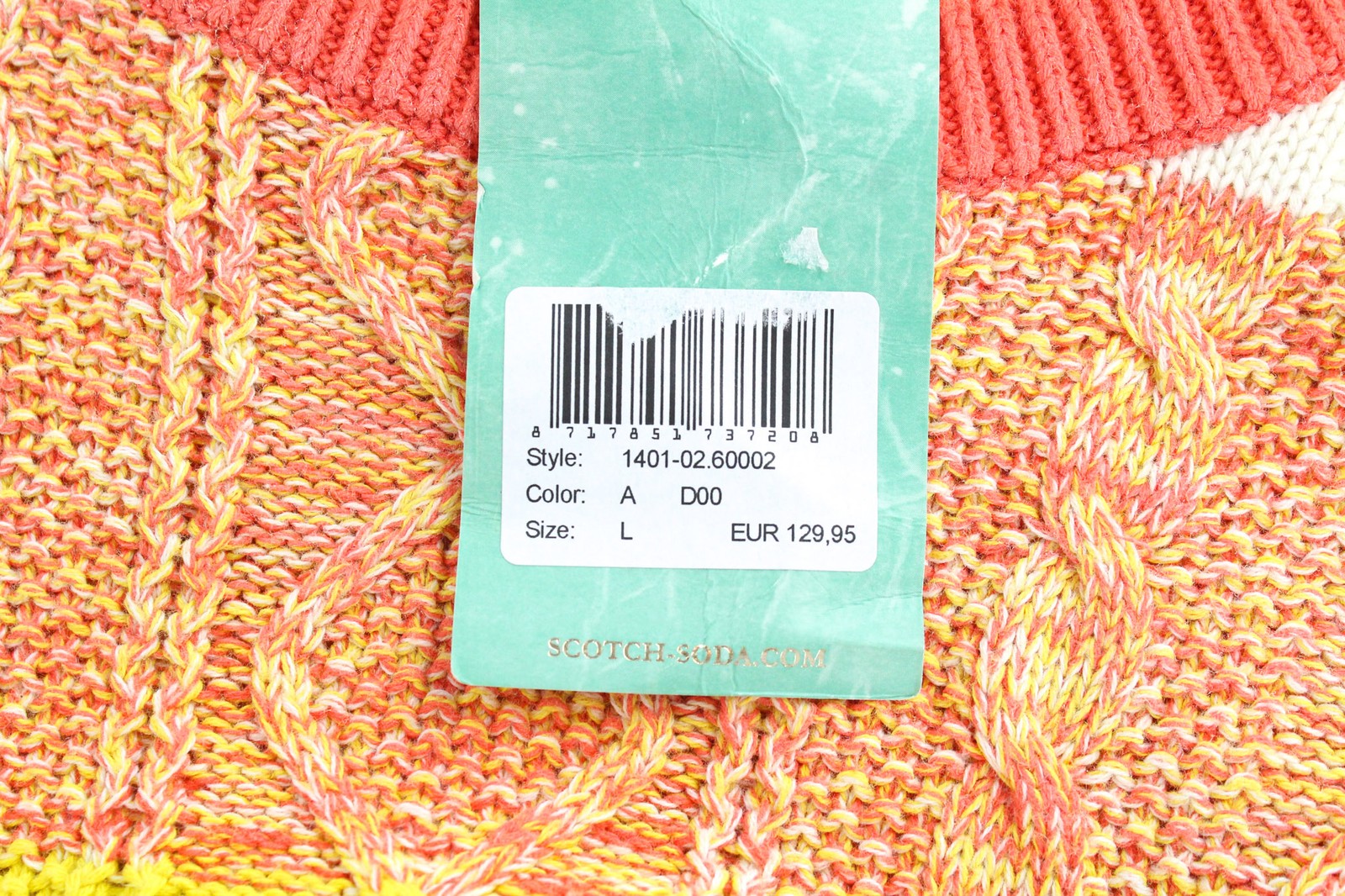 SCOTCH & SODA Men's Jumper L Orange Striped Cable Knit Cotton Crewneck Sweater