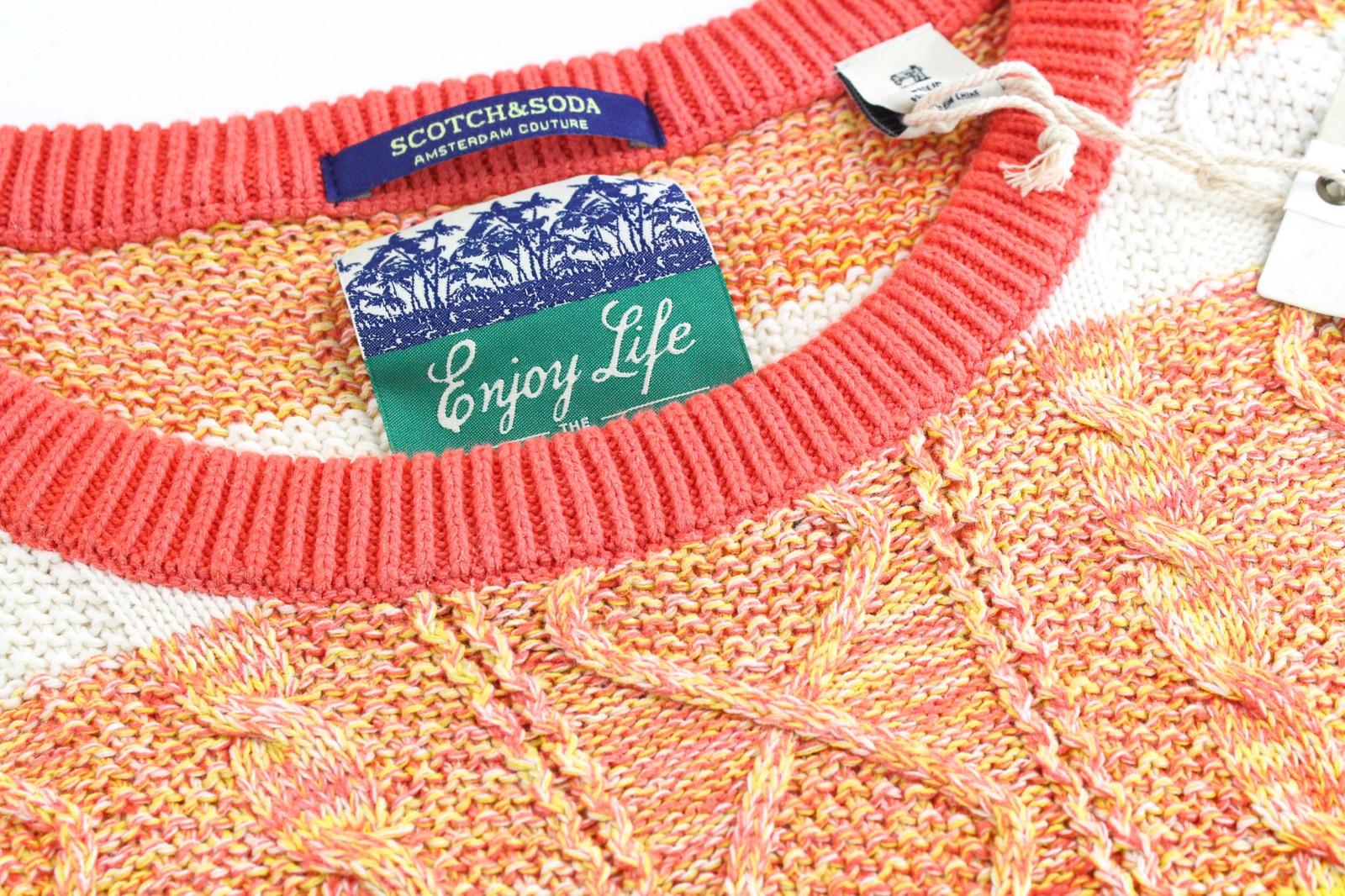 SCOTCH & SODA Men's Jumper L Orange Striped Cable Knit Cotton Crewneck Sweater