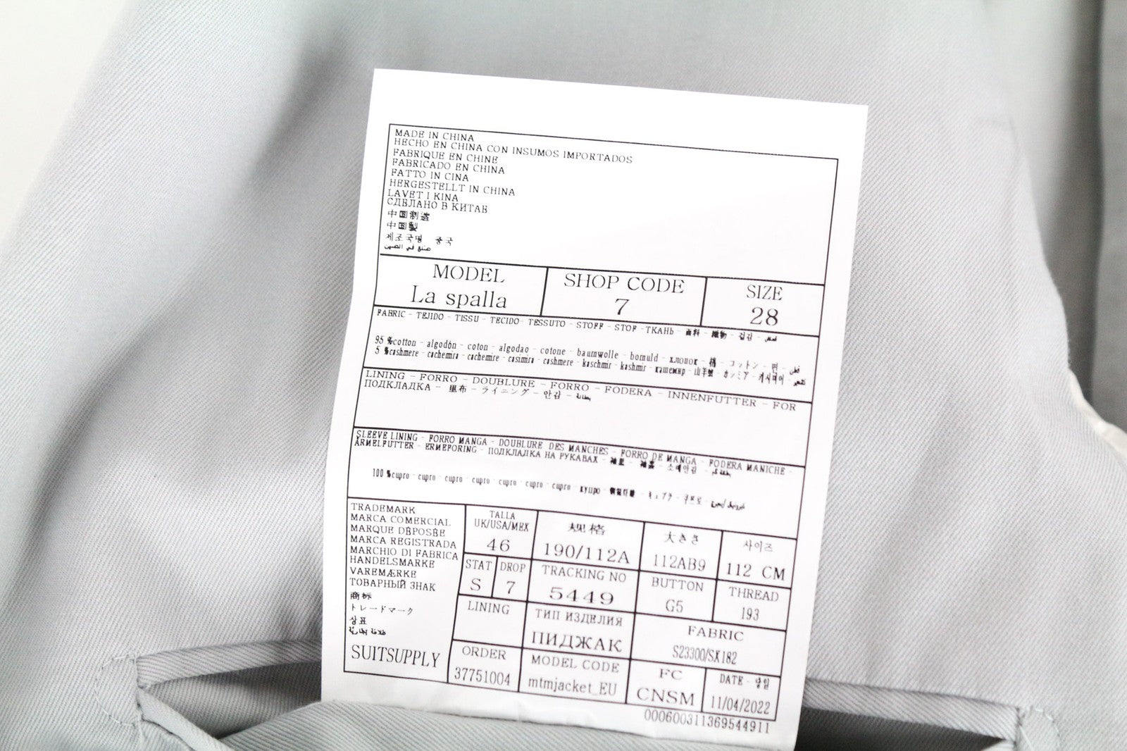 SUITSUPPLY La Spalla švarkas UK46S šviesiai pilkas plonas medvilninis kašmyro švarkas lengvas 