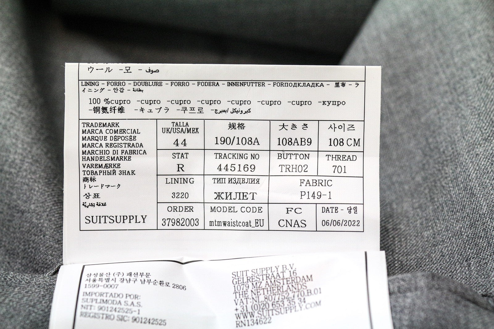 SUITSUPPLY Ferrara Waistcoat UK44R Grey Twill Wool Slim Fit Mid Tone Classic