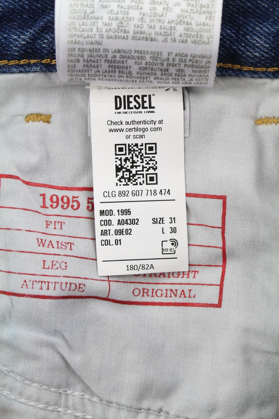 DIESEL 1995 09E02 Men Jeans W31/L30 Blue Distress Ripped Slim Straight RRP$375