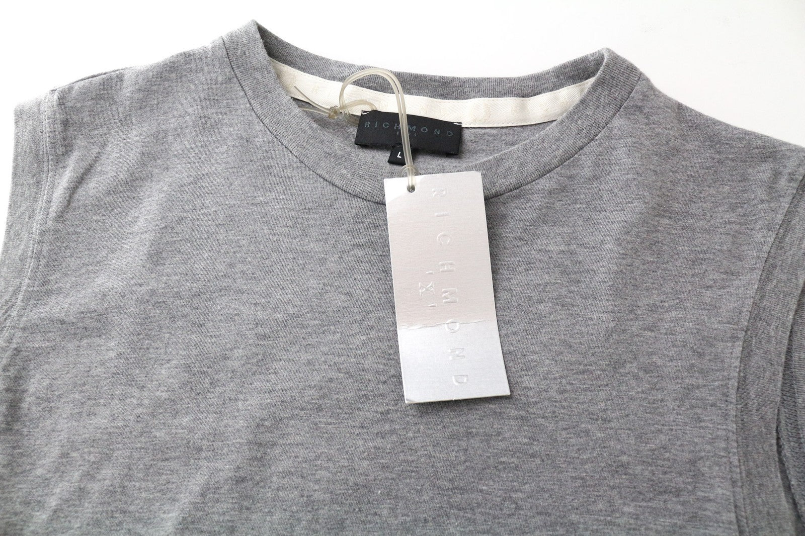 RICHMOND Men's L Grey Sleeveless Crew Neck Cotton Jersey Logo Print T-Shirt