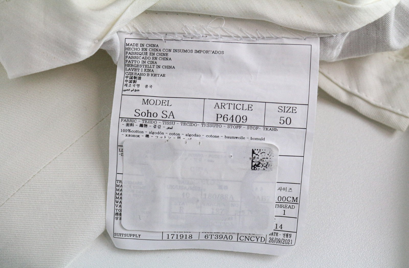 SUITSUPPLY Havana Men's UK40R Off-White Slim Fit Pure Cotton Formal 2Pc Suit