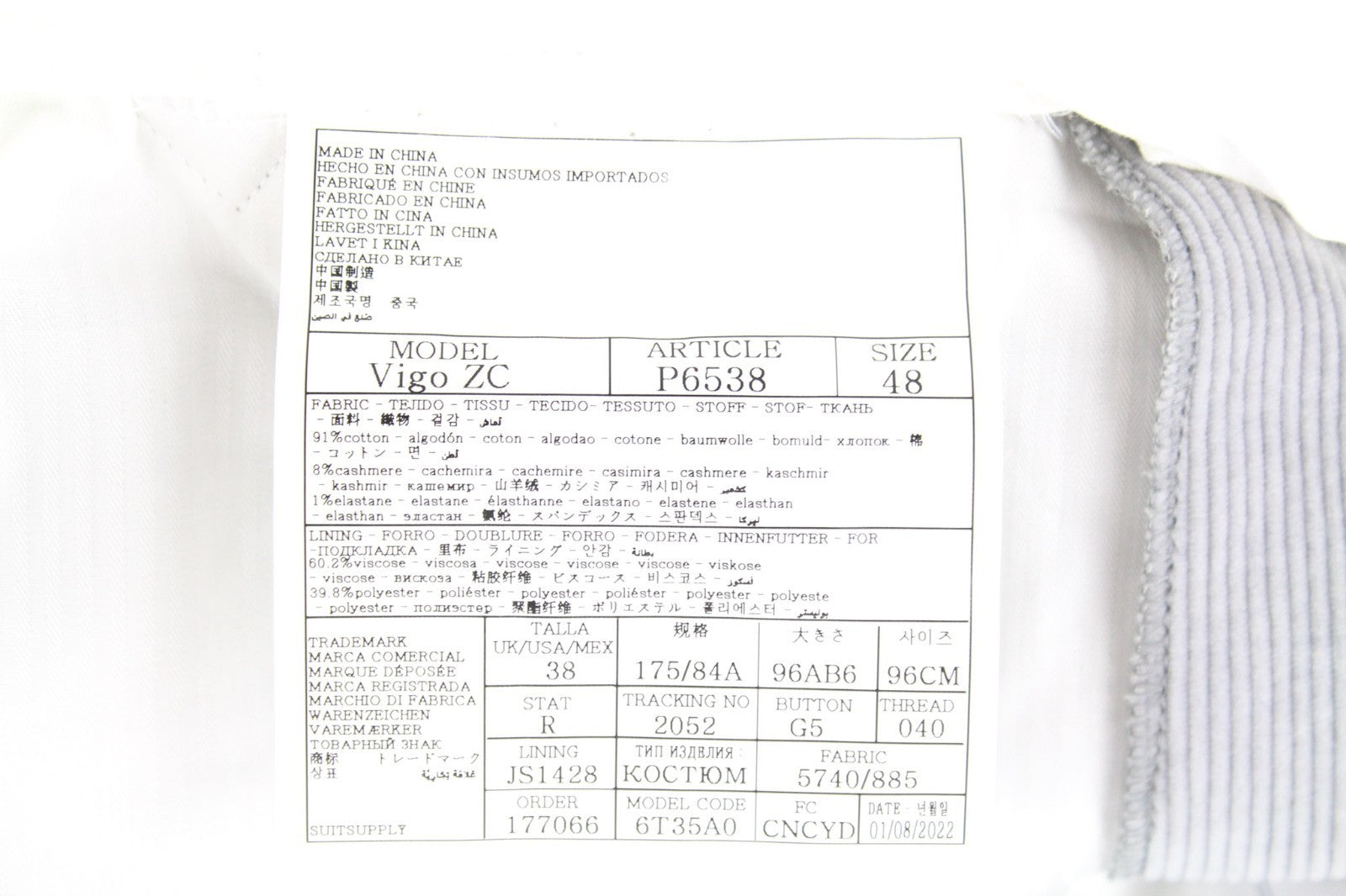 SUITSUPPLY Havana Men's UK38R Slim Grey Cotton Cashmere Zegna Corduroy 2Pc Suit