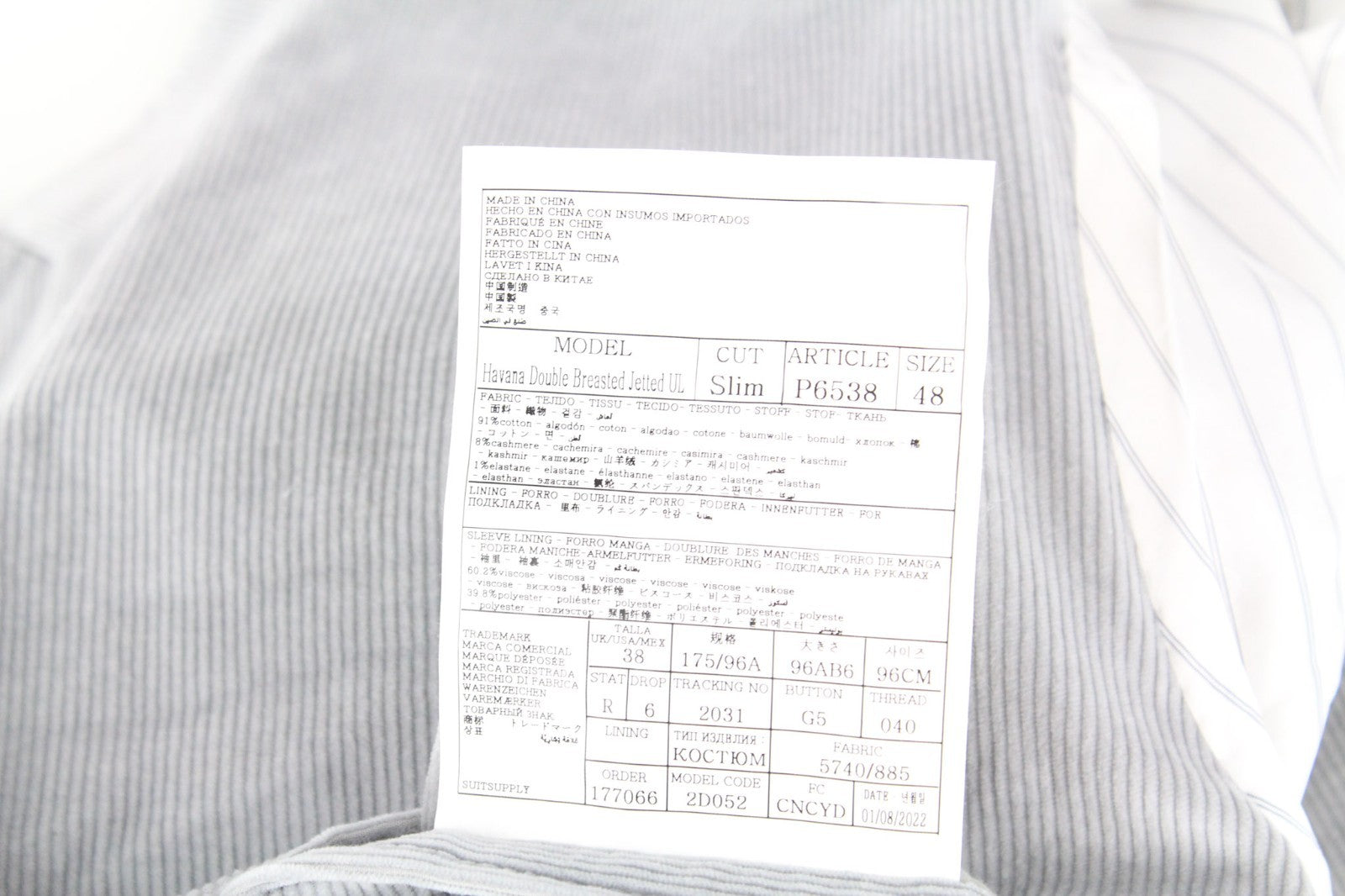 SUITSUPPLY Havana Men's UK38R Slim Grey Cotton Cashmere Zegna Corduroy 2Pc Suit