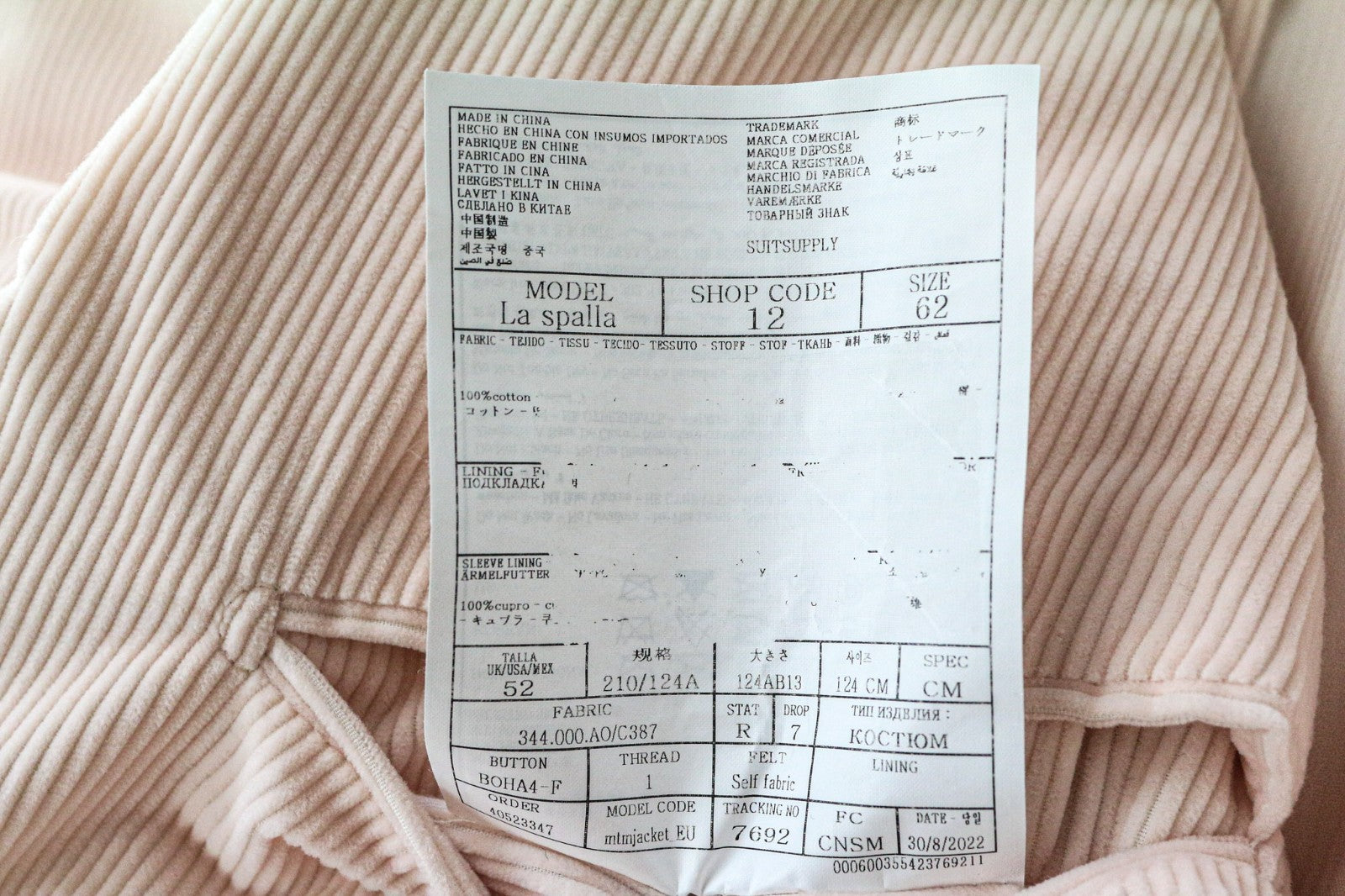 SUITSUPPLY La Spalla Men's UK52R Pink Cotton Corduroy Double Breasted Blazer