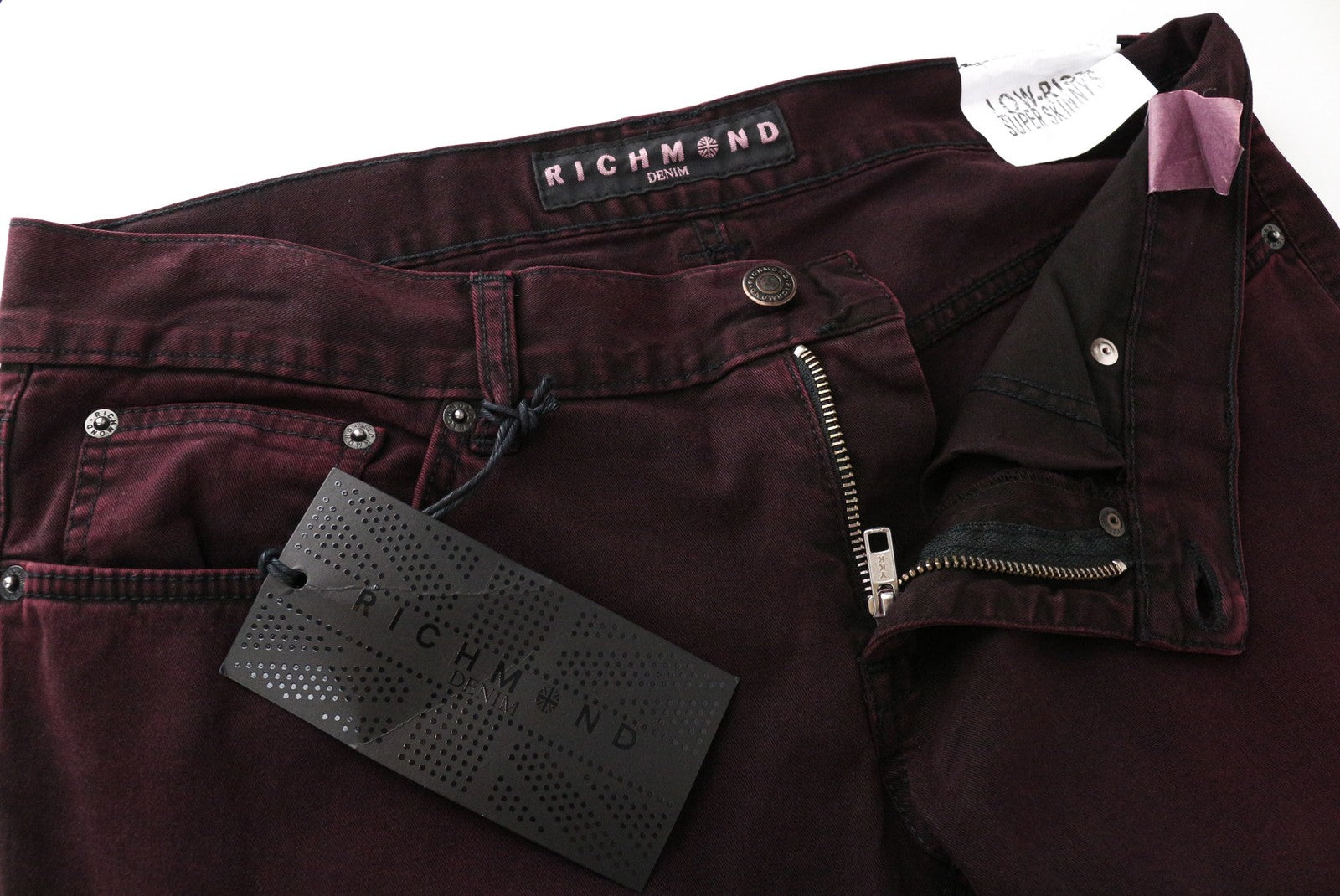 RICHMOND Men's W32 Burgundy Low Rise Zip Fly Designer Super Skinny Fit Jeans