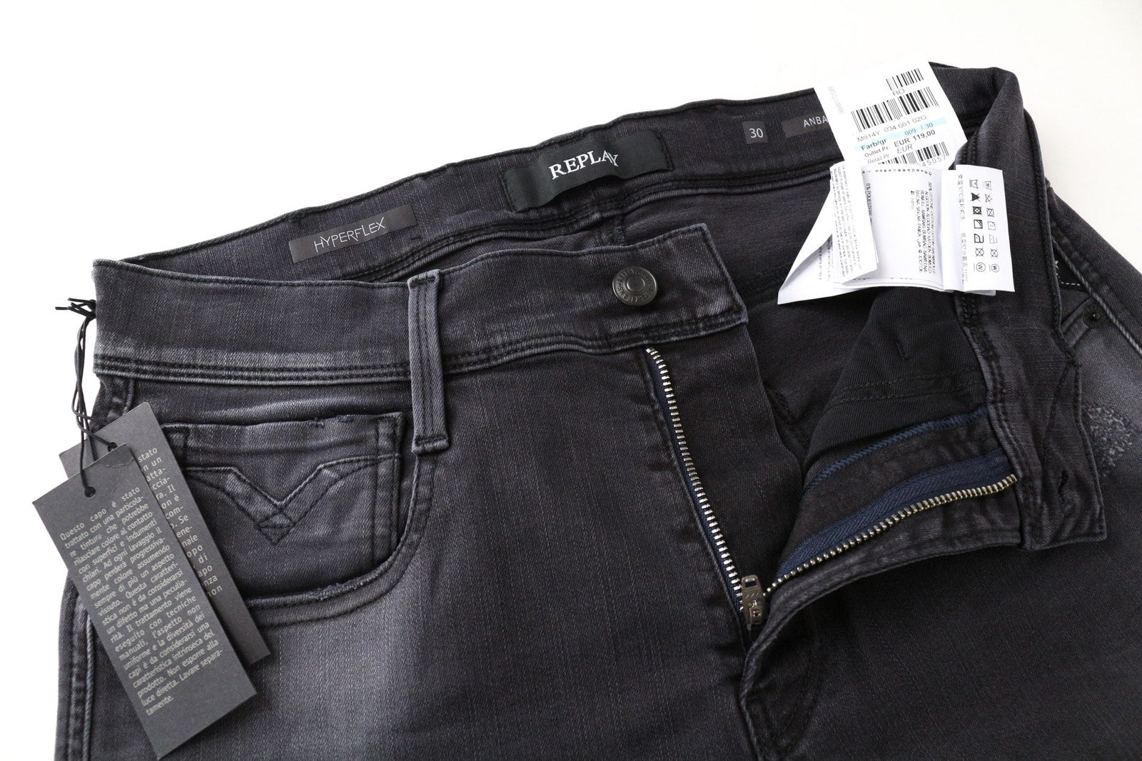 REPLAY Anbass Men's W30/L34 Dark Grey Slim Distressed Stretch Zip Fly Jeans