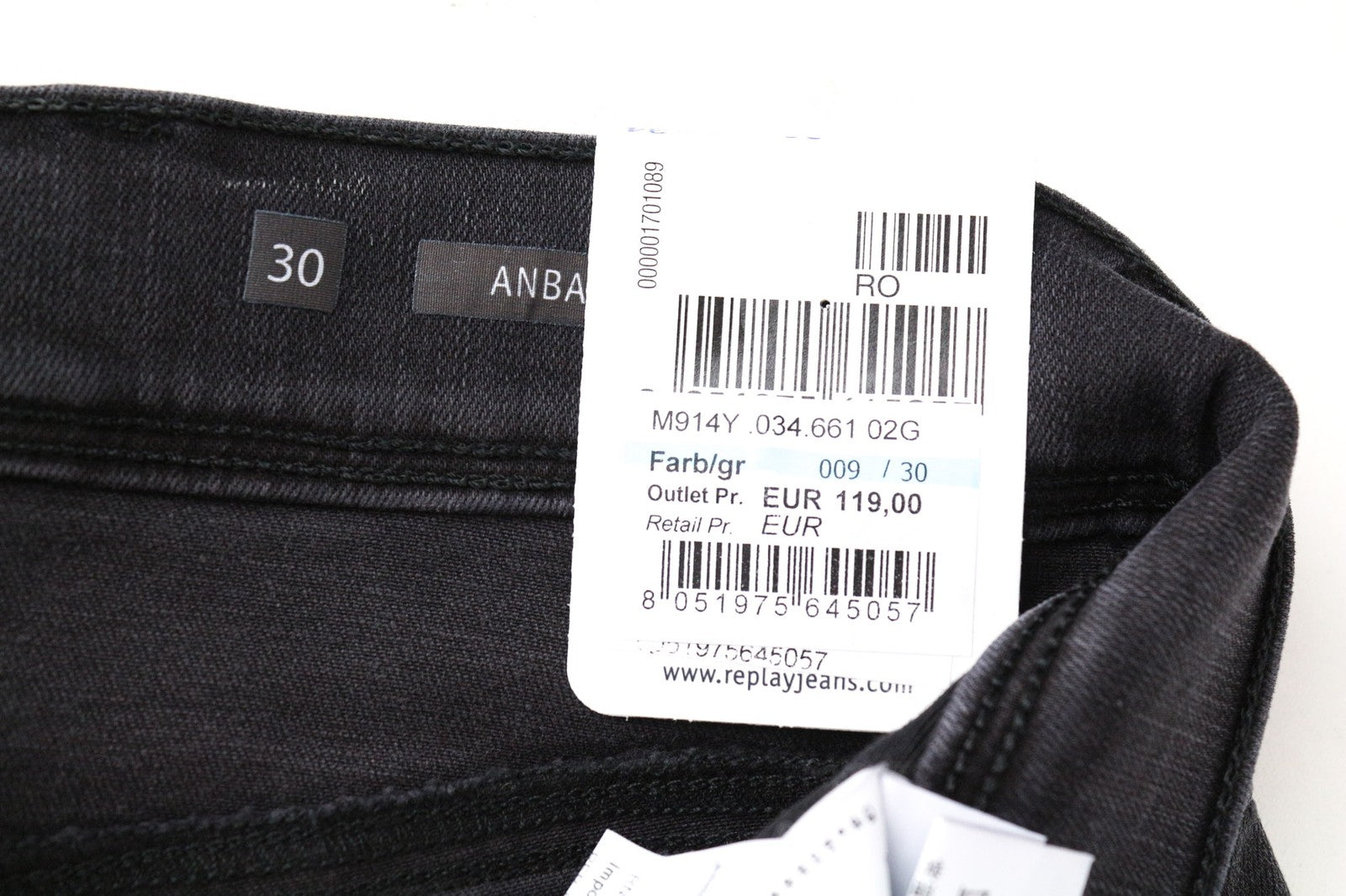 REPLAY Anbass Men's W30/L34 Dark Grey Slim Distressed Stretch Zip Fly Jeans