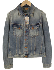 NUDIE JEANS Billy Men Jacket M Shimmering Indigo Button-Up Distress Faded Blue