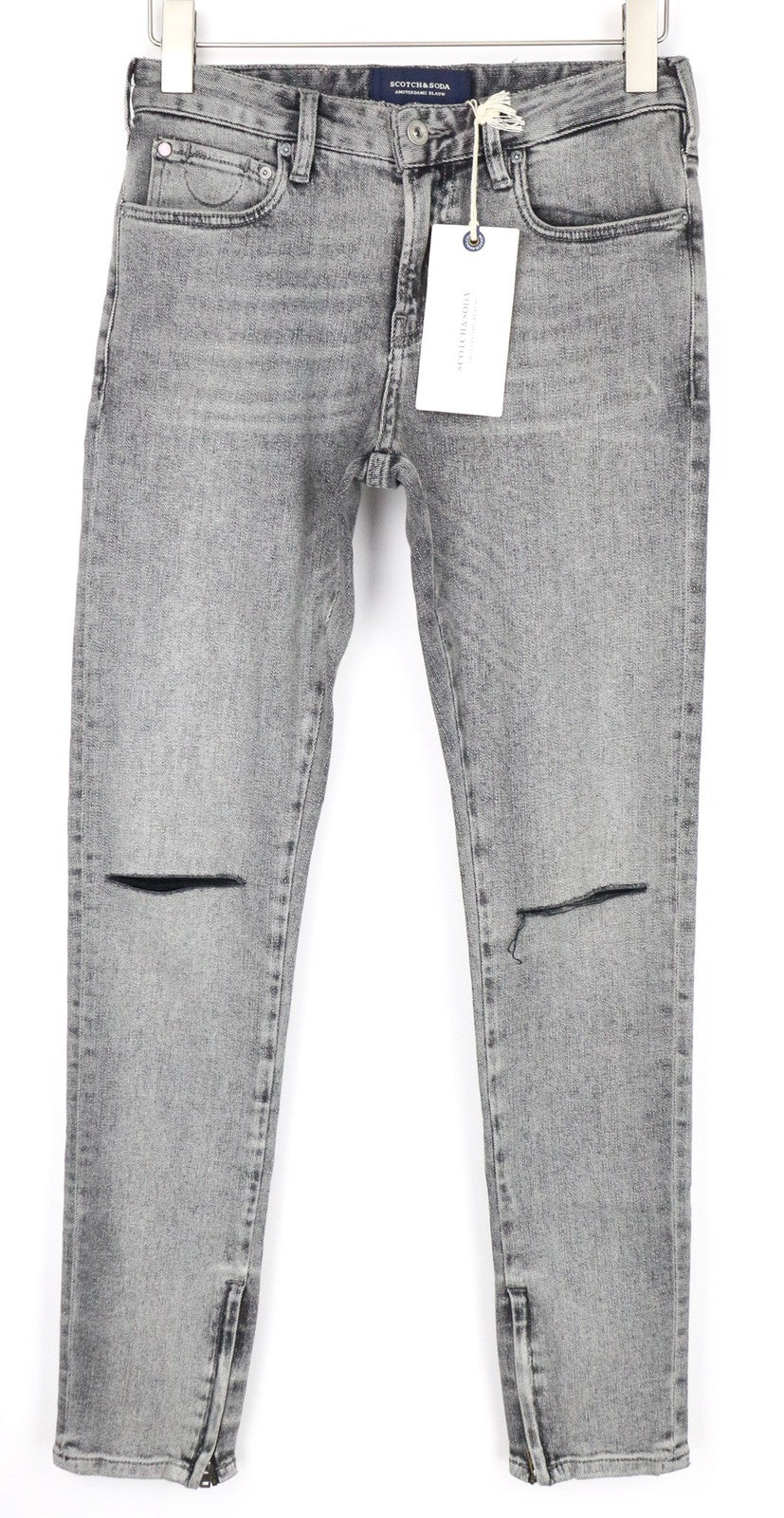 „SCOTCH &amp; SODA Skim X“ vyriški W28/L32 pilki aptempti plėšyti medvilniniai tamprūs džinsai 