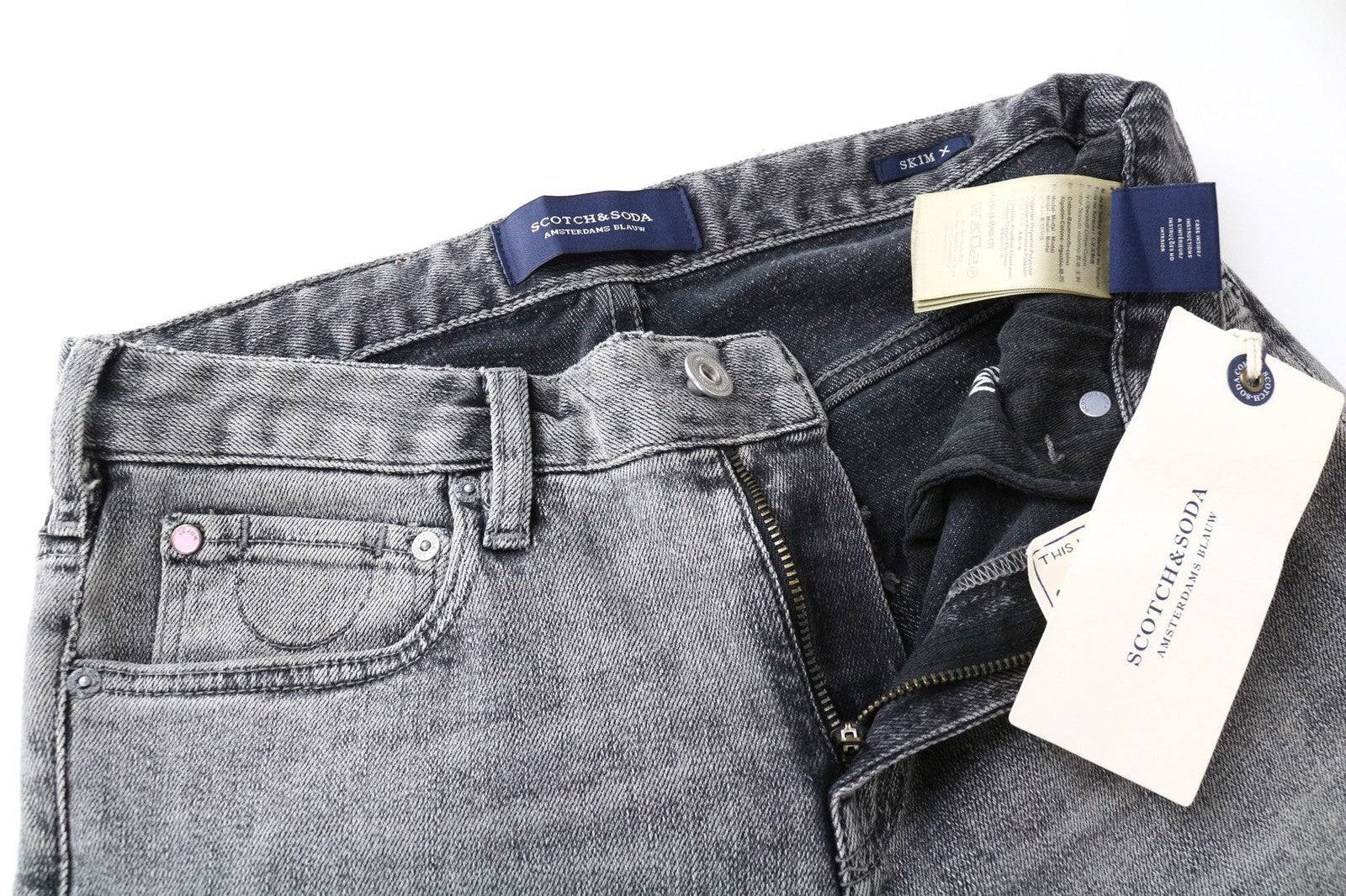 „SCOTCH &amp; SODA Skim X“ vyriški W28/L32 pilki aptempti plėšyti medvilniniai tamprūs džinsai 