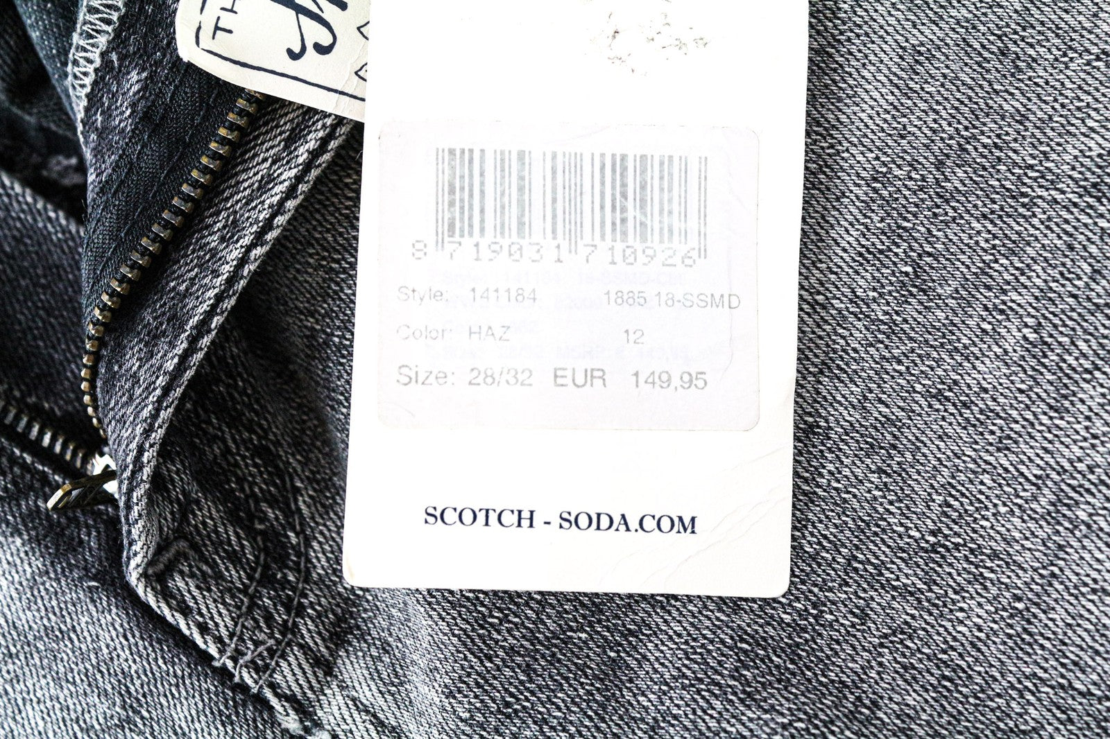 „SCOTCH &amp; SODA Skim X“ vyriški W28/L32 pilki aptempti plėšyti medvilniniai tamprūs džinsai 