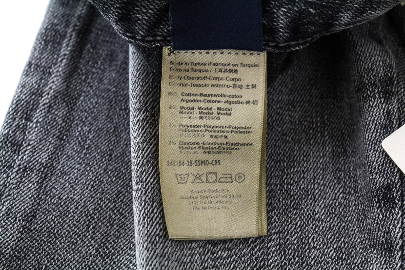 „SCOTCH &amp; SODA Skim X“ vyriški W28/L32 pilki aptempti plėšyti medvilniniai tamprūs džinsai 