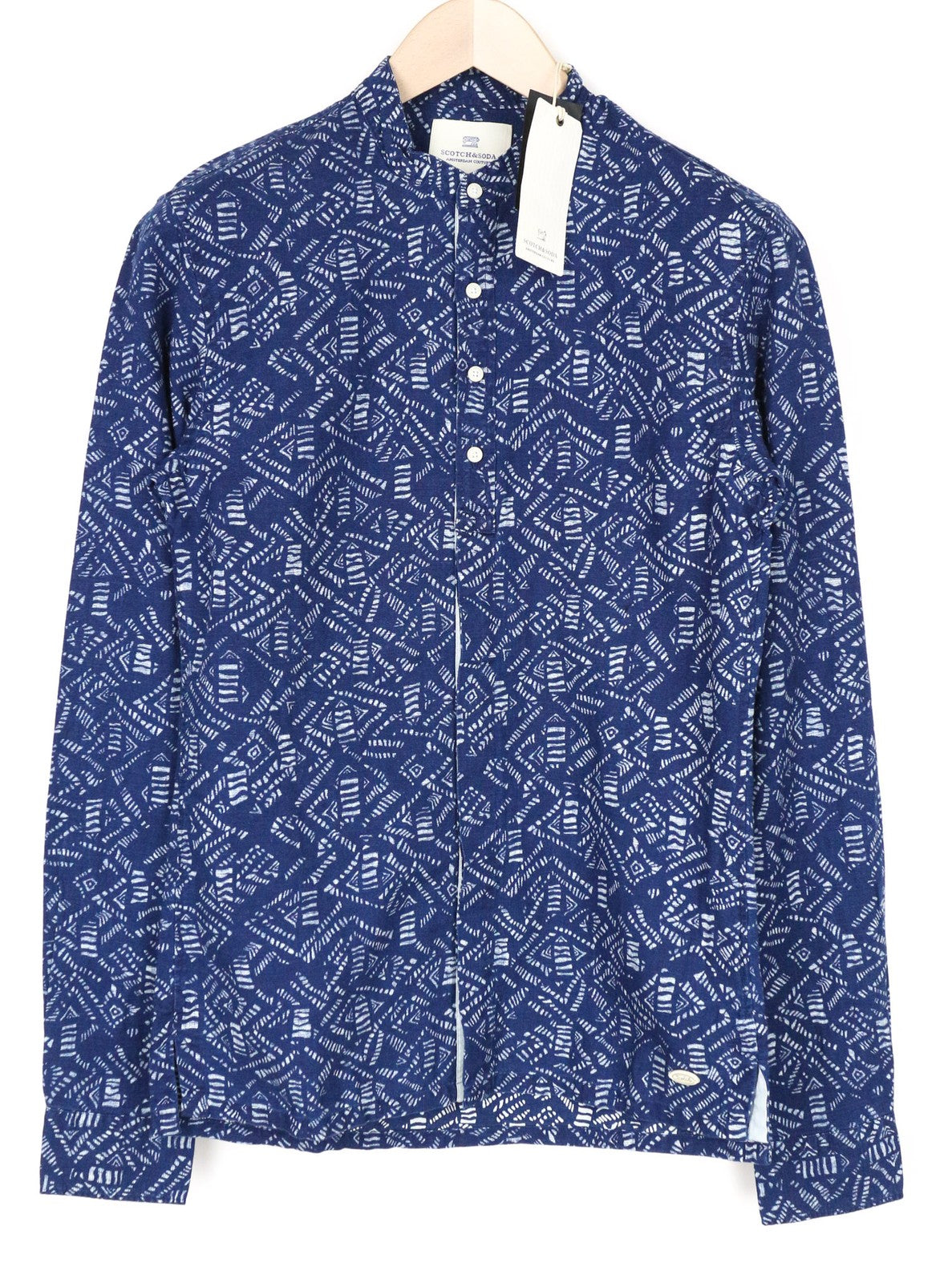 SCOTCH & SODA Men's S Blue Abstract Graphic Henley Cotton Linen Blend Shirt