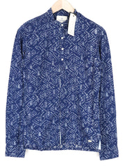 SCOTCH & SODA Men's S Blue Abstract Graphic Henley Cotton Linen Blend Shirt