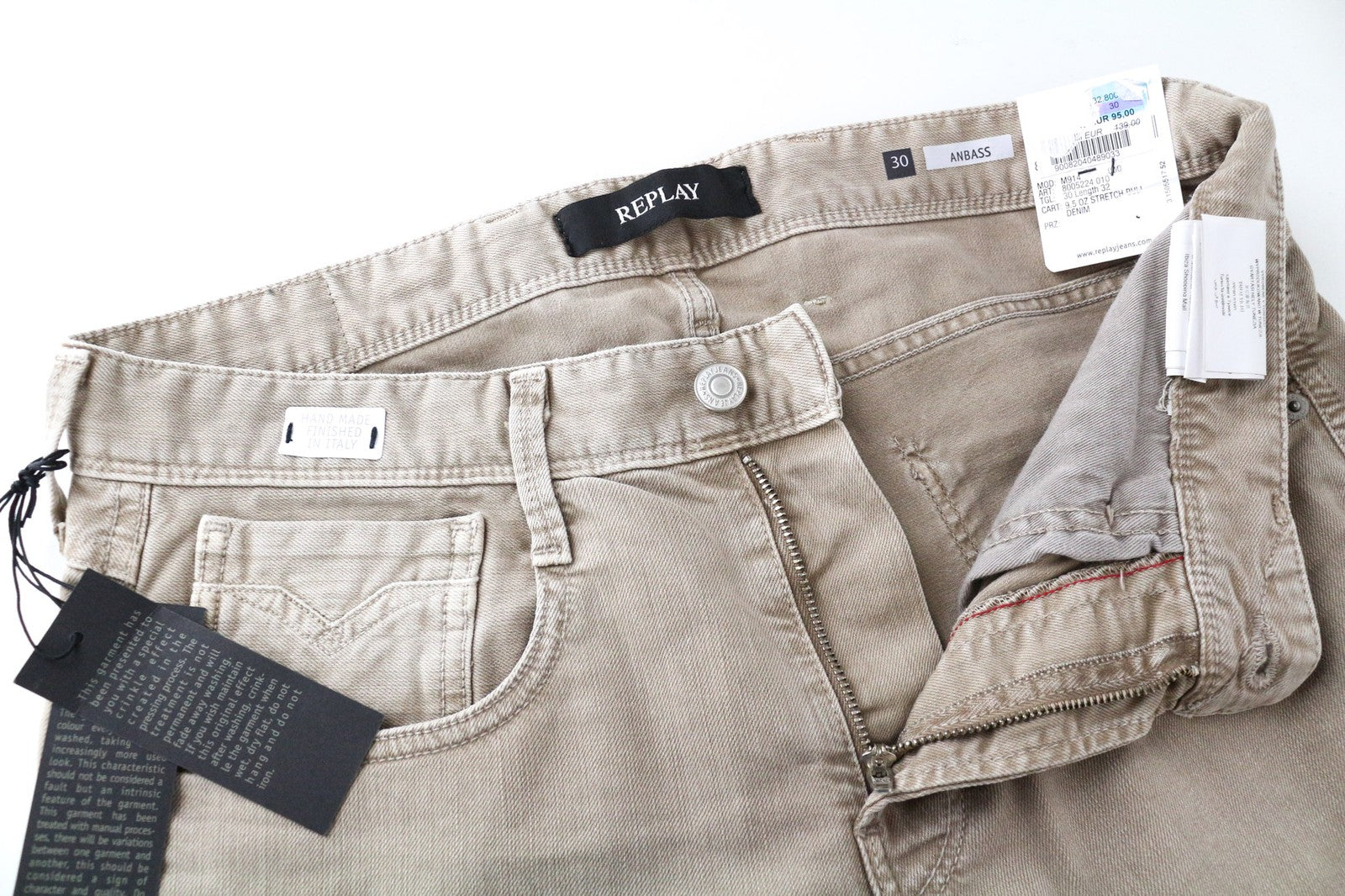 REPLAY Anbass Men's W30/L32 Light Brown Slim Stretch Bull Denim Zip Fly Pants