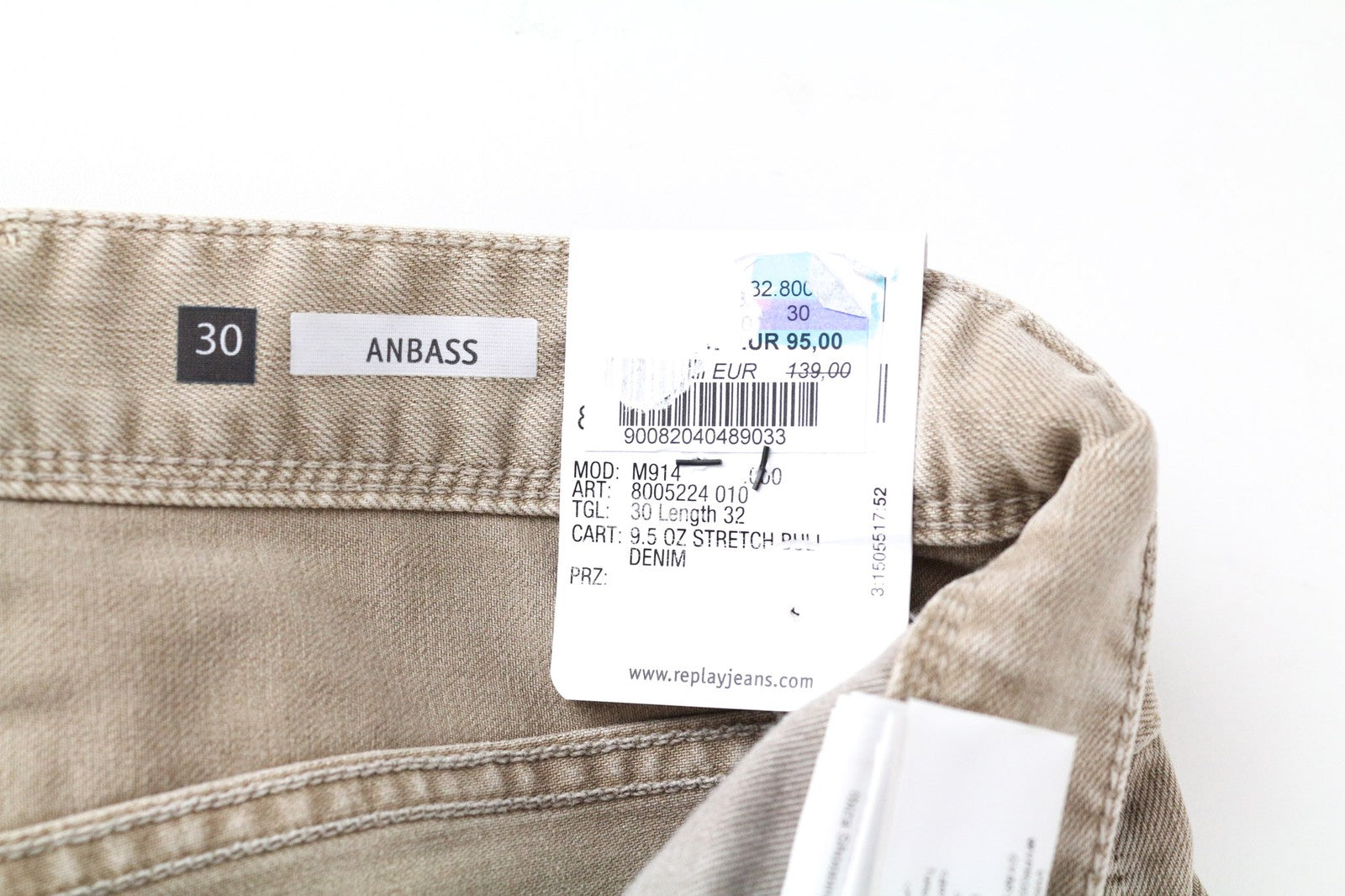 REPLAY Anbass Men's W30/L32 Light Brown Slim Stretch Bull Denim Zip Fly Pants