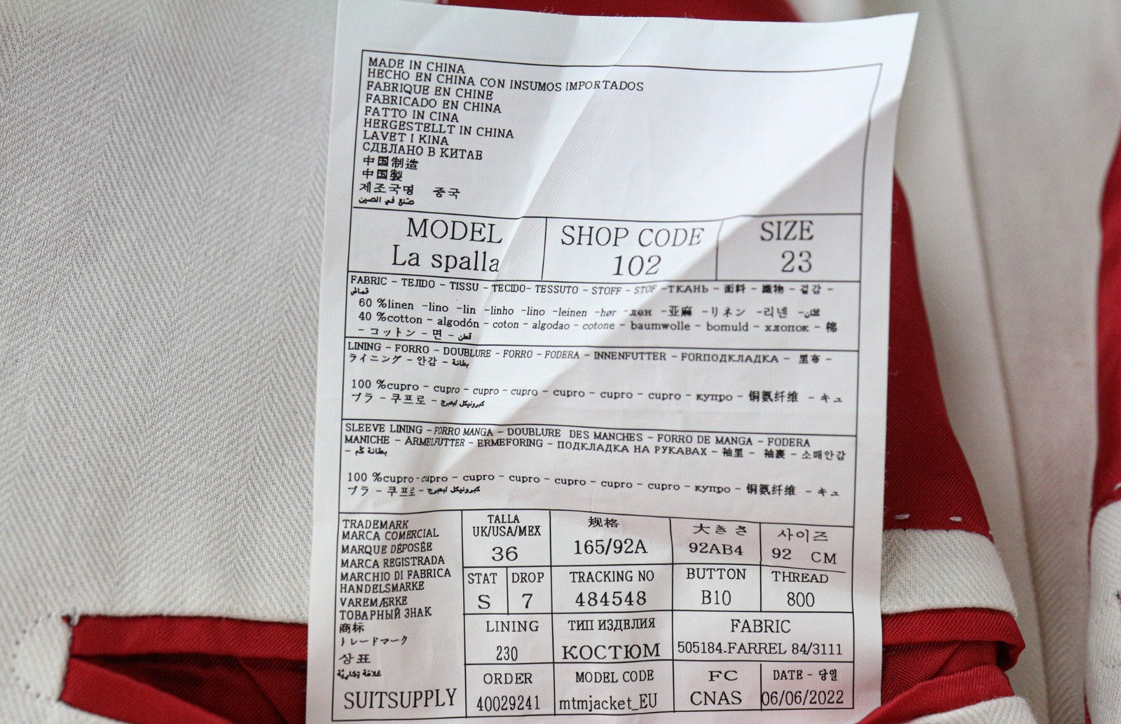 SUITSUPPLY La Spalla Men's UK36S Off-White Linen Cotton Peak Lapel Classic Fit