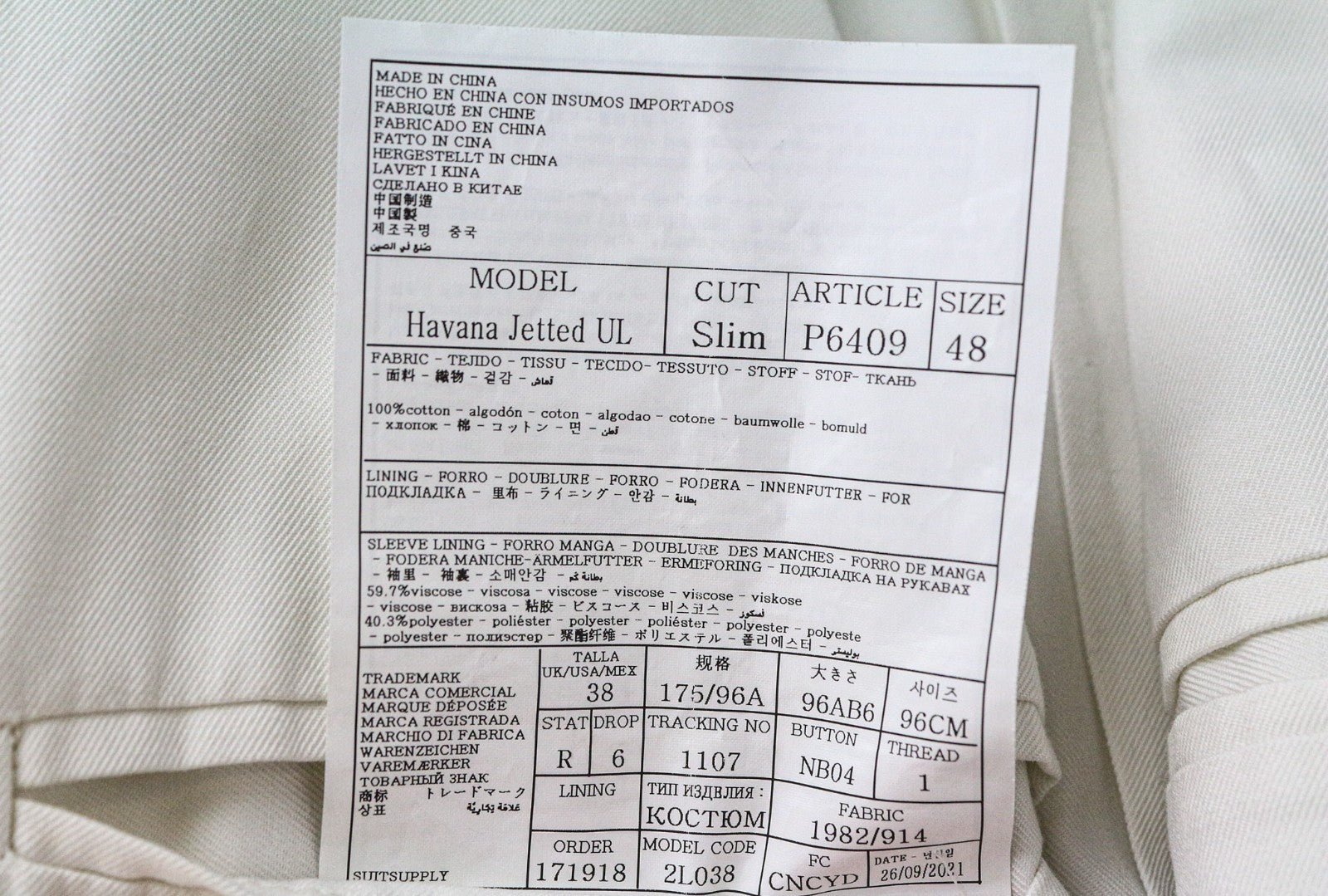 SUITSUPPLY Havana Men's UK38R Off-White Slim Cotton Single Breasted 2Pc Blazer