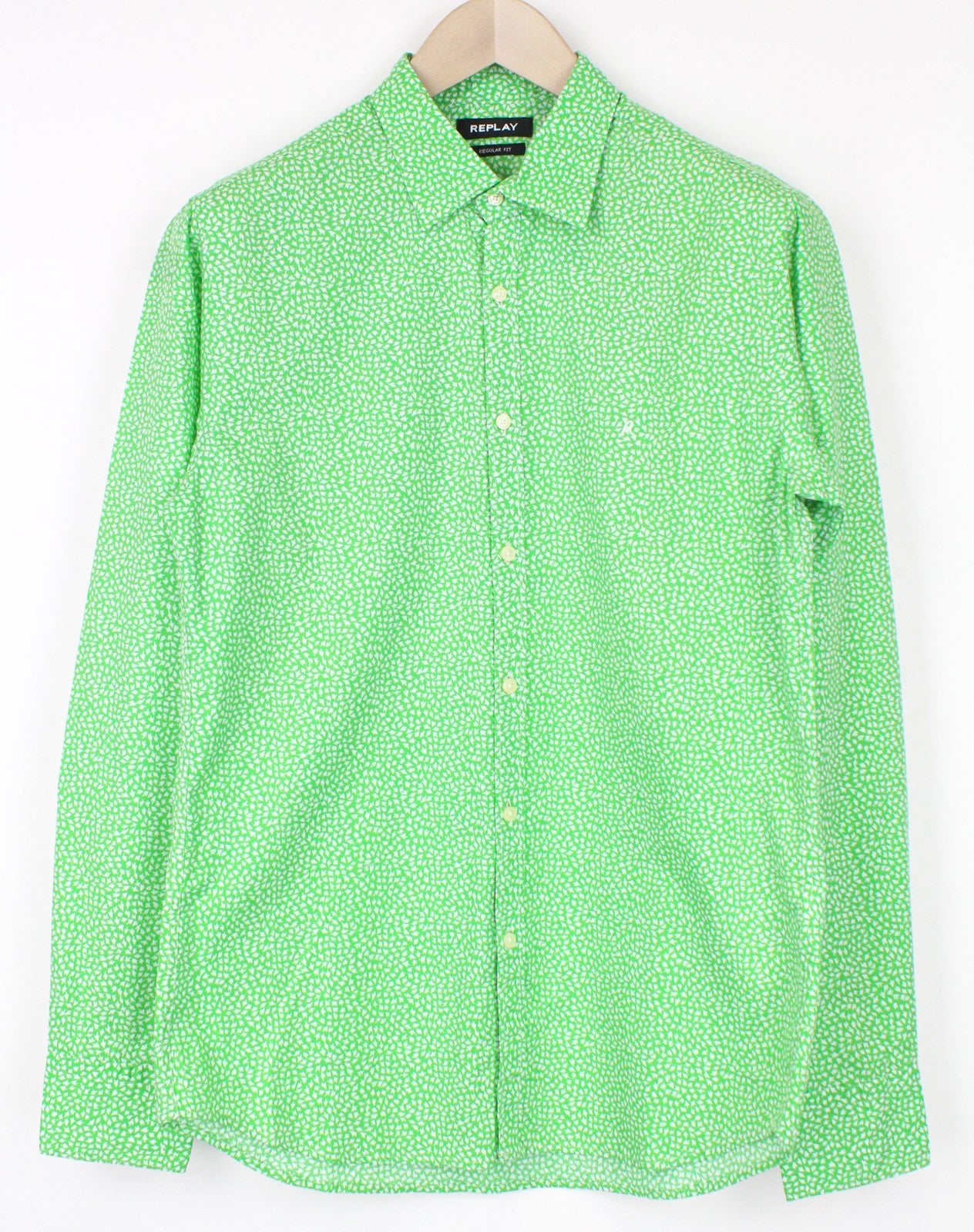 REPLAY Men's M Green Pattern Button-Up Regular Fit Long Sleeve Shirt