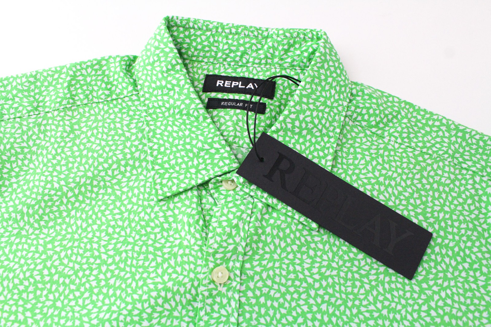REPLAY Men's M Green Pattern Button-Up Regular Fit Long Sleeve Shirt