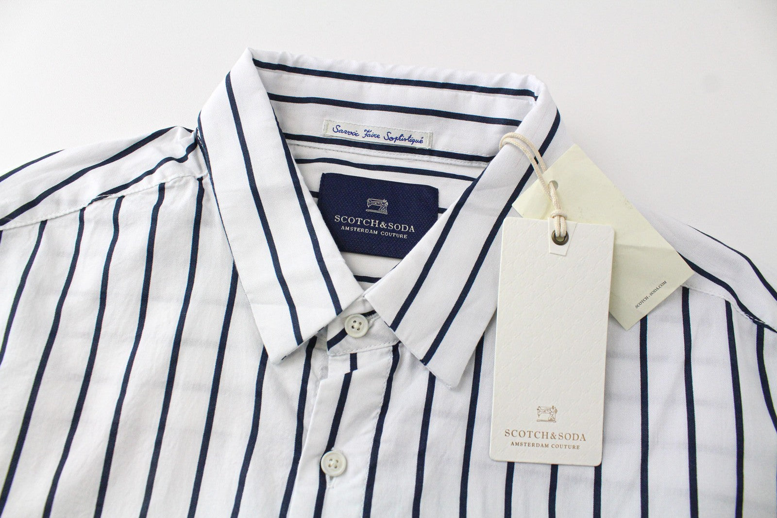 SCOTCH & SODA Ams Couture Men's L White Cotton Striped Pattern Long Fit Shirt