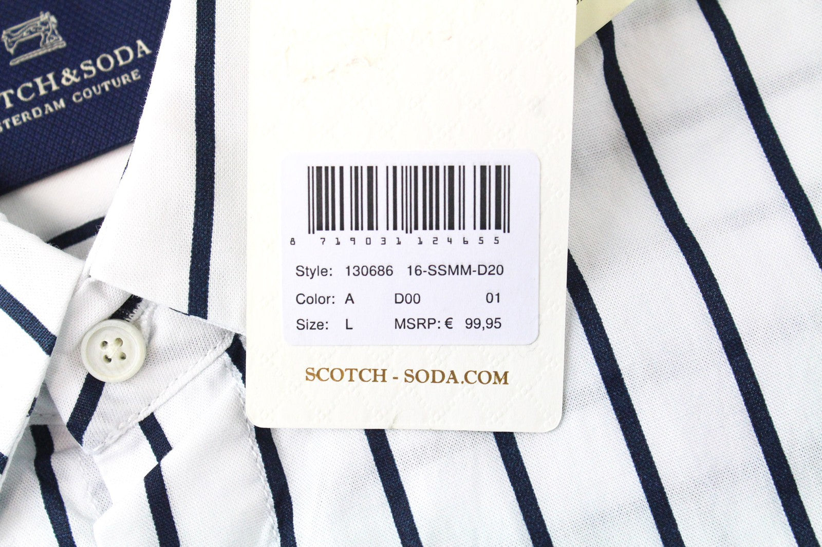 SCOTCH & SODA Ams Couture Men's L White Cotton Striped Pattern Long Fit Shirt