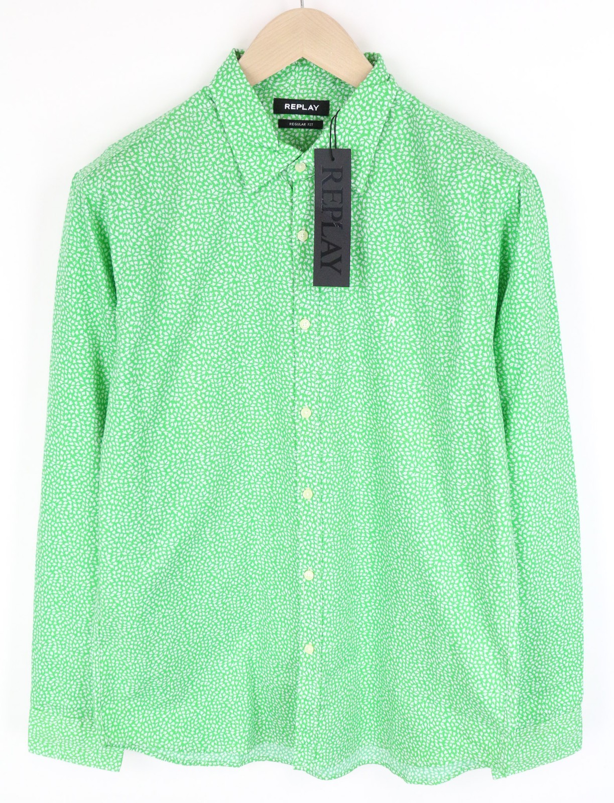 REPLAY Men's L Green Cotton Patterned Button-Up Shirt Long Sleeve Casual Wear