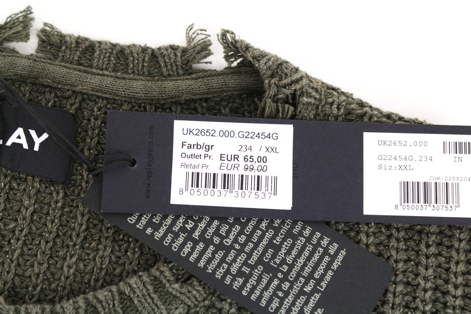 REPLAY Men's 2XL Green Cotton Pullover Knitted Sweater Long Sleeve Sweatshirt