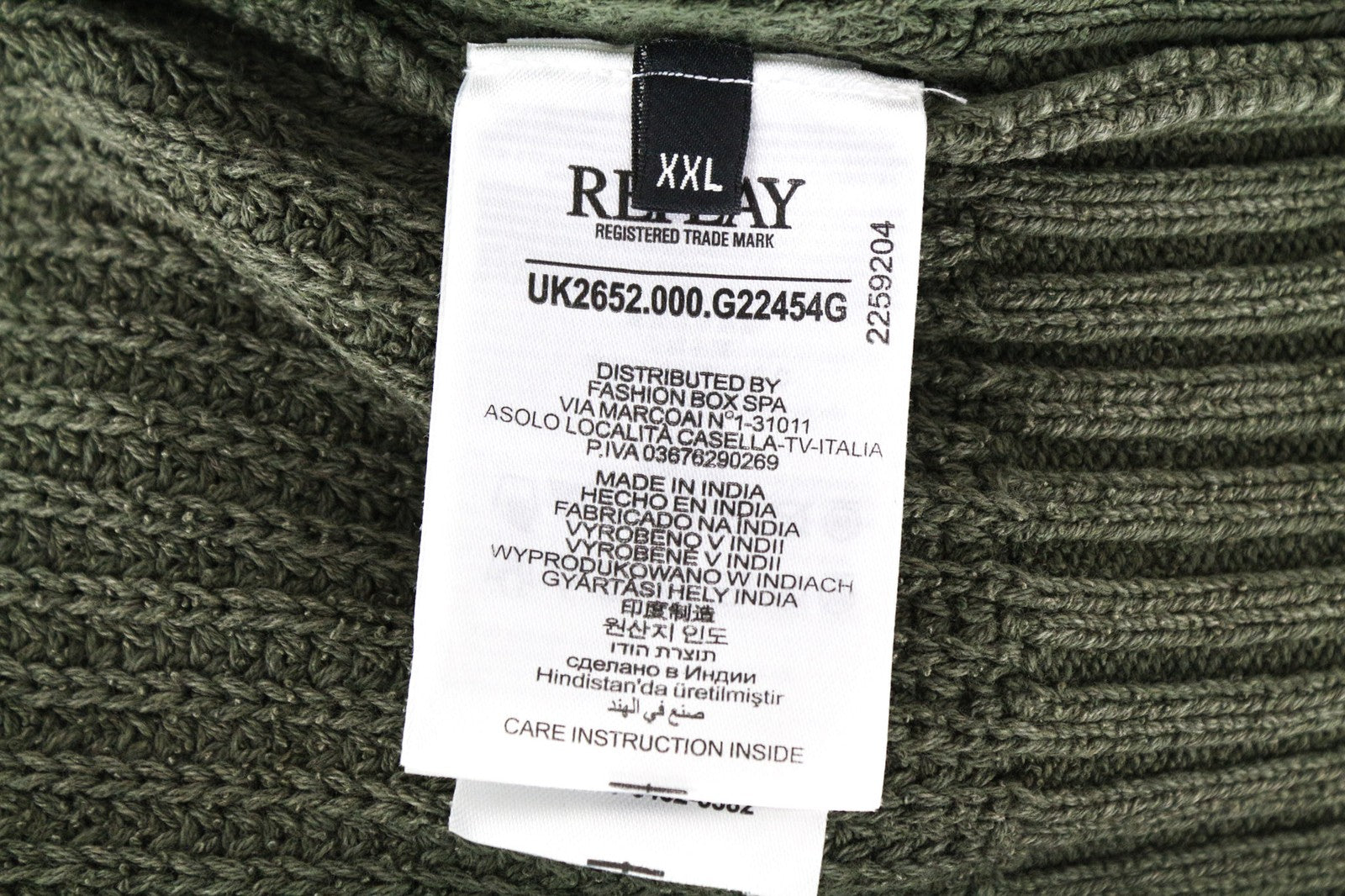 REPLAY Men's 2XL Green Cotton Pullover Knitted Sweater Long Sleeve Sweatshirt