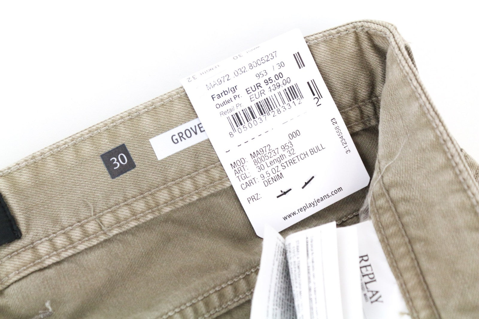 REPLAY Grover Men's Beige Brown Straight Fit Cotton Stretch Jeans W30/L32