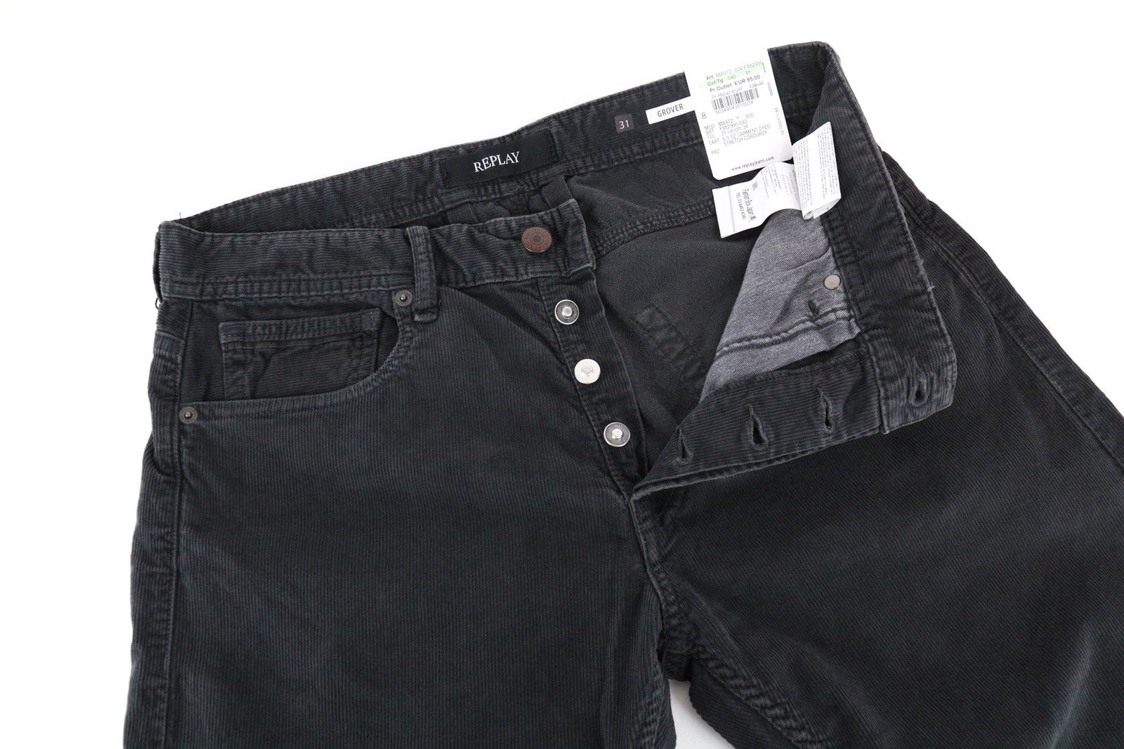 REPLAY Grover Men's Grey Corduroy Straight Fit Cotton Stretch Trousers W31/L34