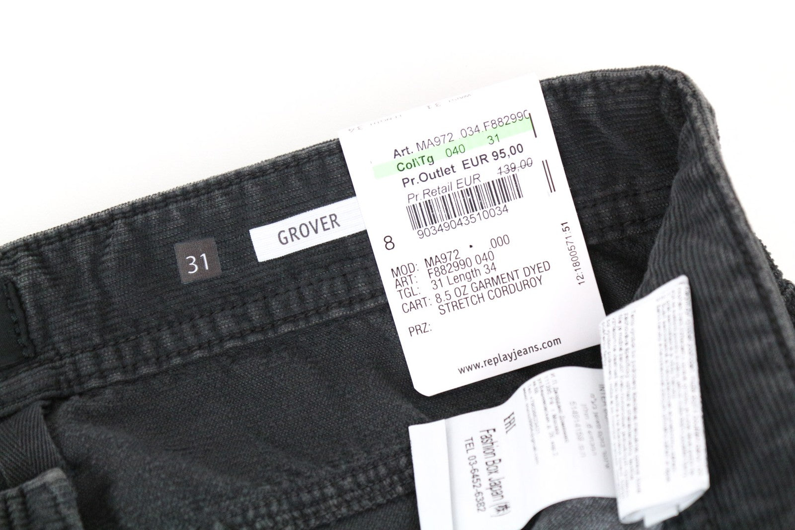 REPLAY Grover Men's Grey Corduroy Straight Fit Cotton Stretch Trousers W31/L34